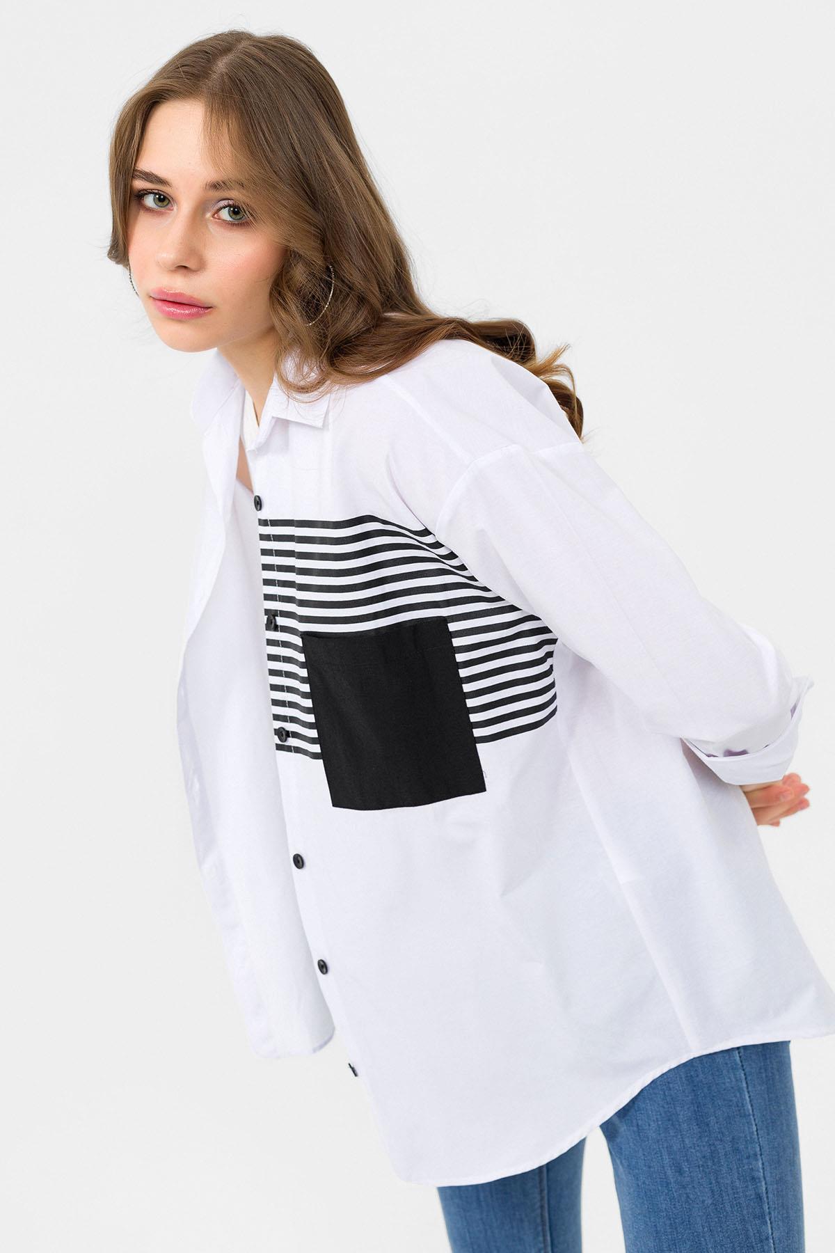Kadın Cebi Desen Detaylı Oversize Poplin Gömlek