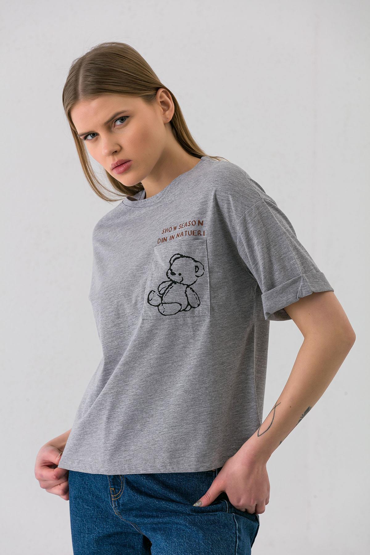 Kadın Cep Baskı Detaylı Duble Kol Oversize T-shirt