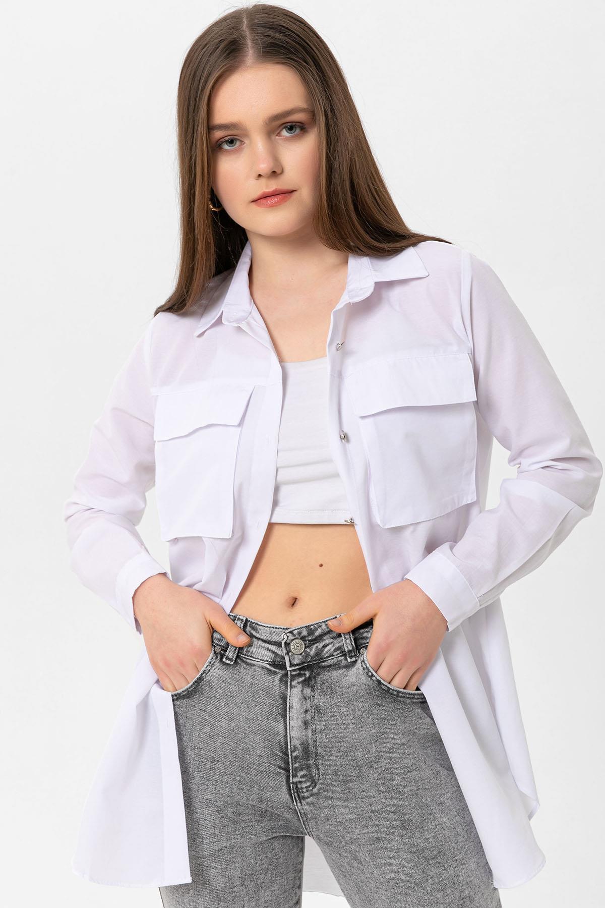 Kadın Cep Detaylı Boyfriend Poplin Uzun Gömlek