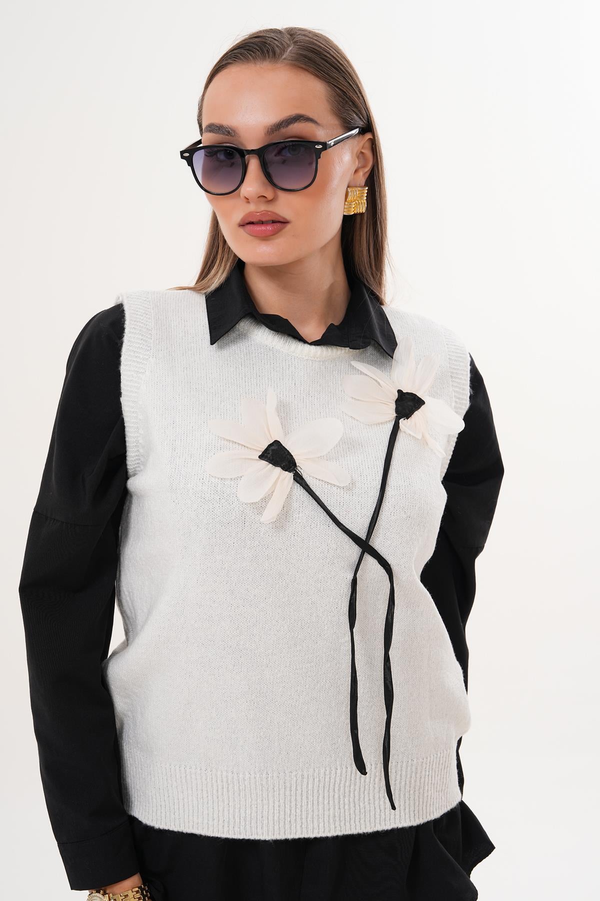 Kadın Çiçek Detaylı Triko Örme Süveter 255168 -