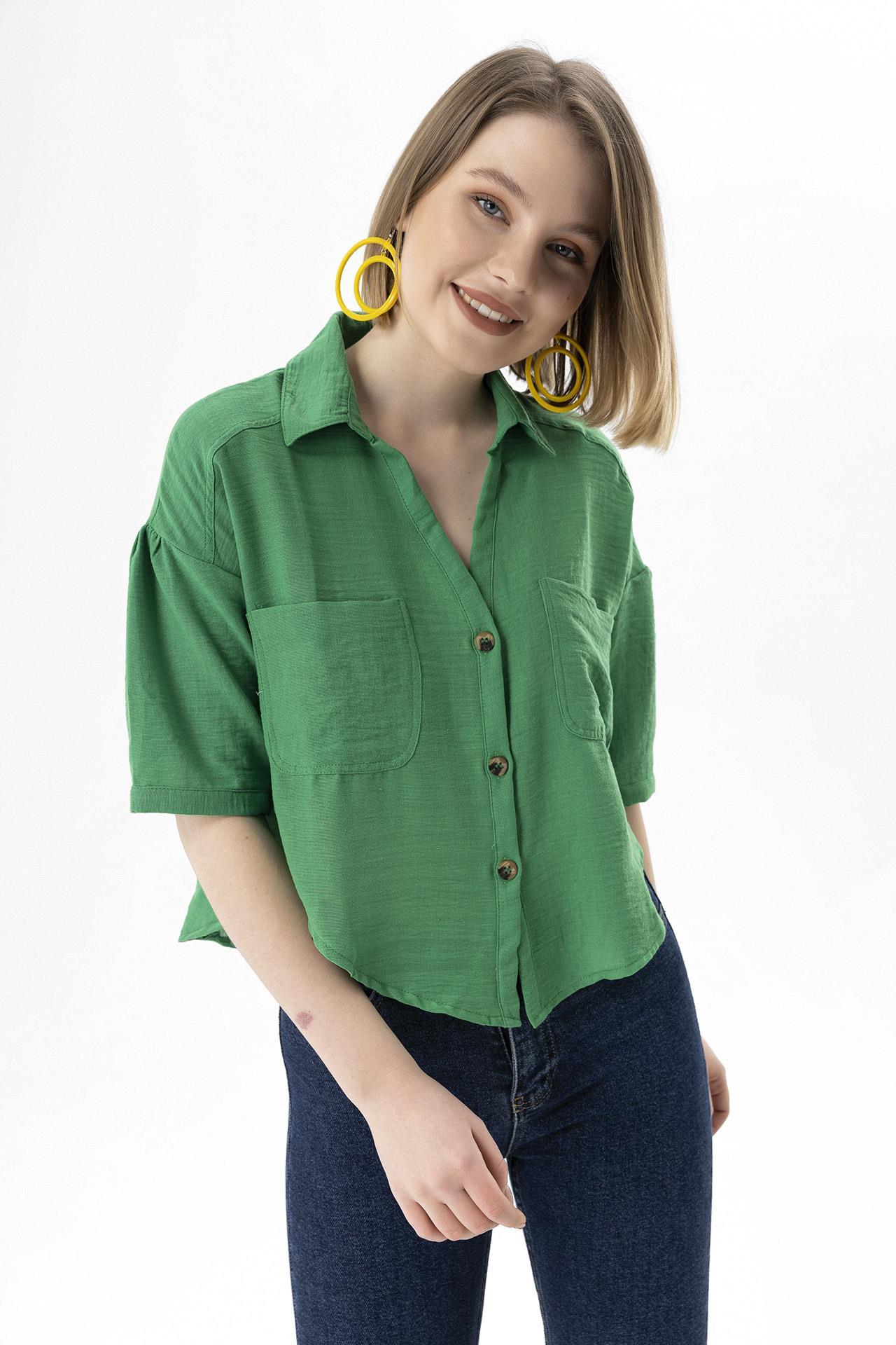 Kadın Çift Cep Detaylı Kısa Salaş Keten Gömlek