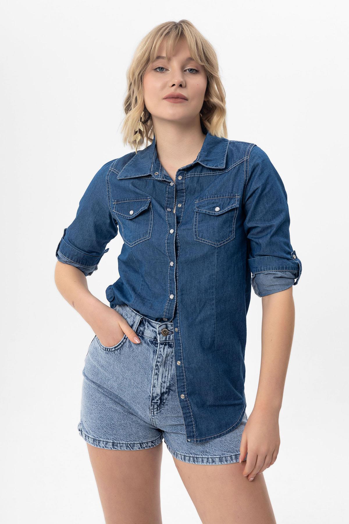 Kadın Çift Cep Detaylı Kot Gömlek