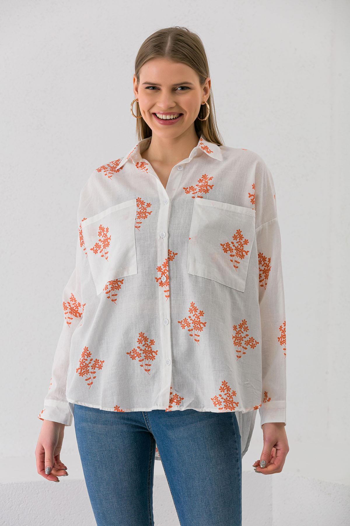 Kadın Çift Cepli Çiçek Desenli Oversize Gömlek
