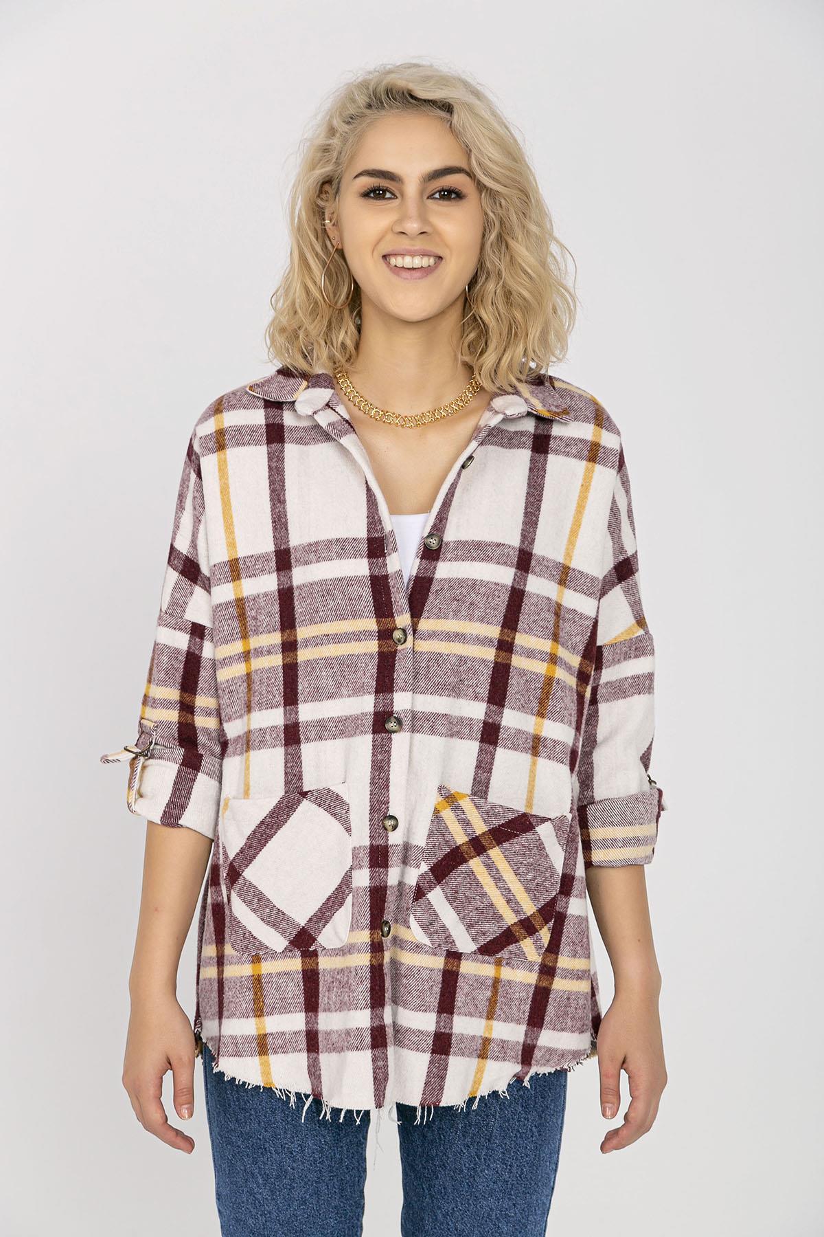 Kadın Çift Cepli Ekoseli Oversize Oduncu Gömlek
