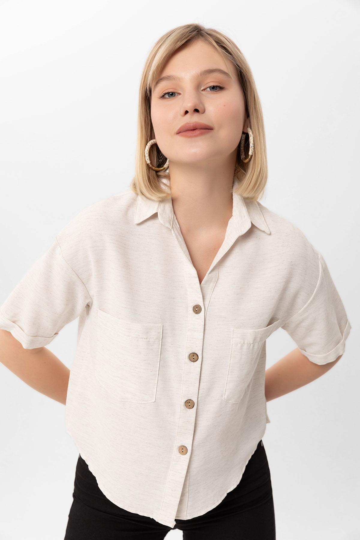 Kadın Çift Cepli Oversize Kısa Keten Gömlek