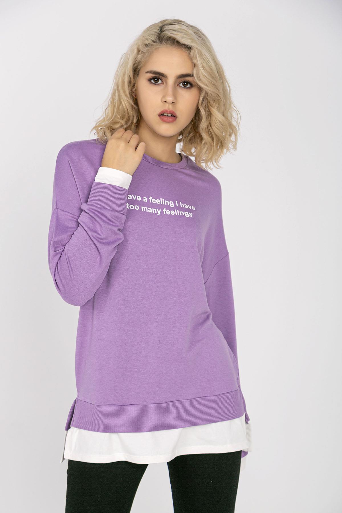 Kadın Çift Görünmünlü Yırtmaçlı Bisiklet Yaka Oversize Sweatshirt