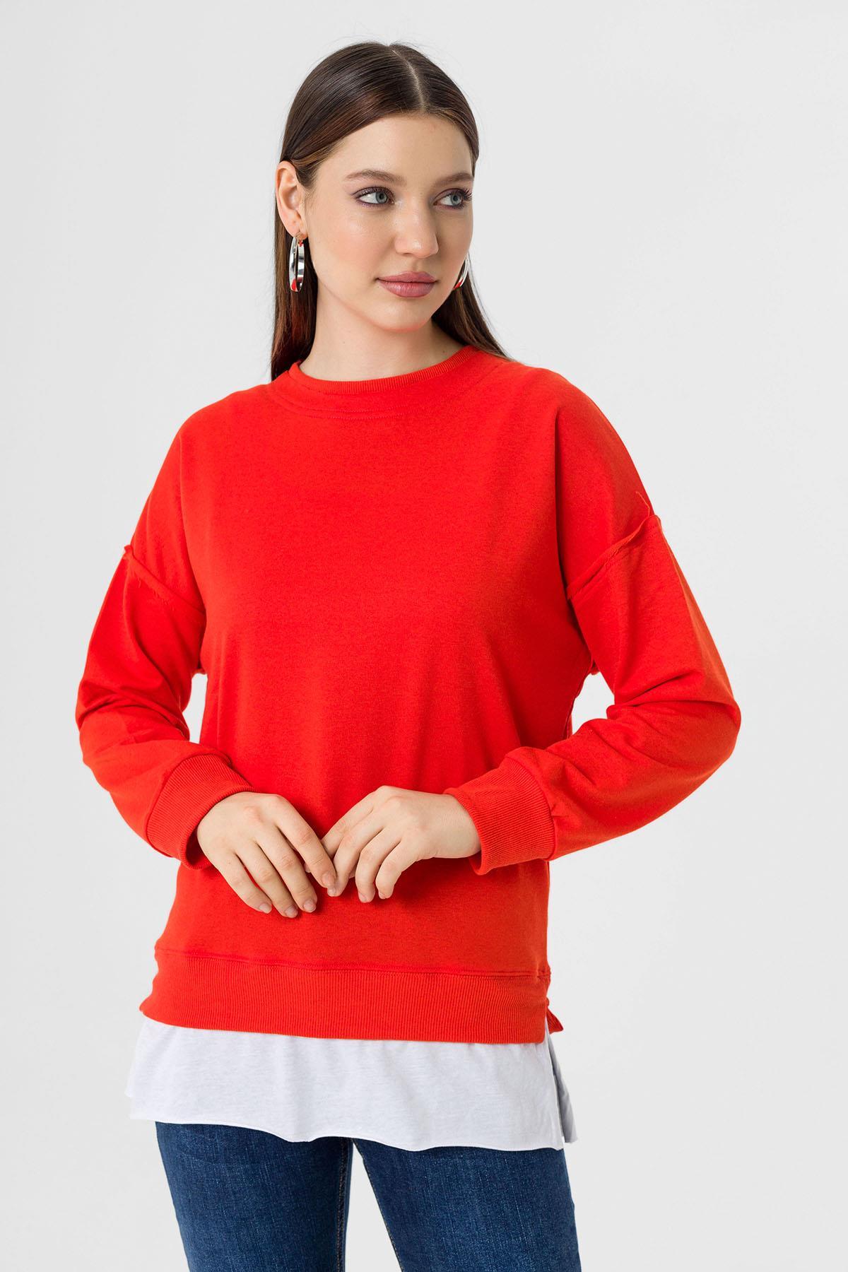 Kadın Çift Görünüm Detaylı Bisiklet Yaka Sweatshirt