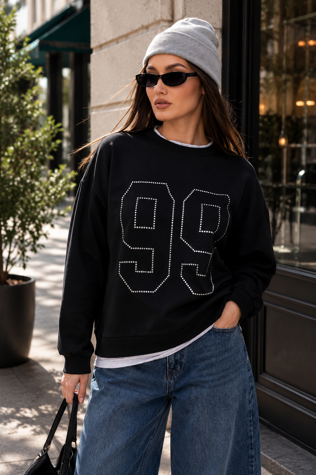 Kadın Çift Görünüm Detaylı Önü Taş İşlemeli İki İplik Sweatshirt 265089 -