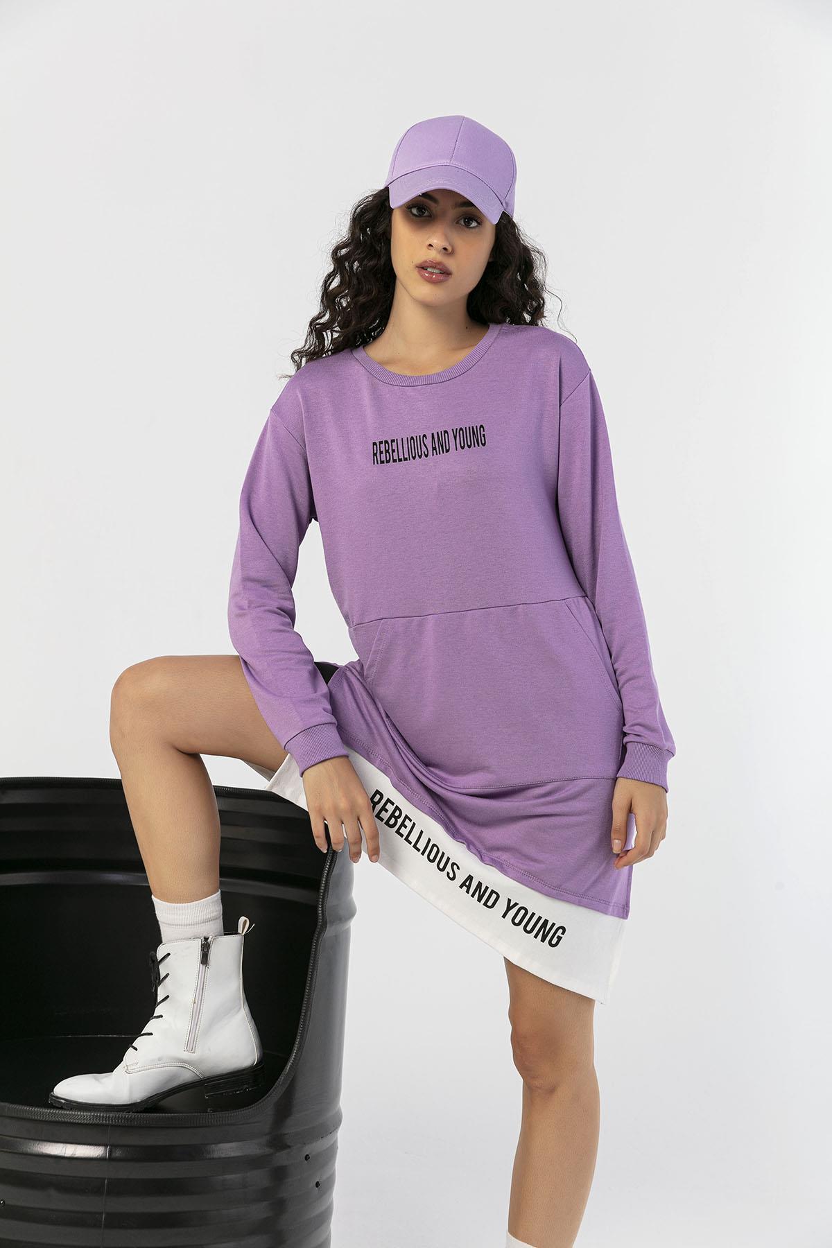 Kadın Çift Görünümlü Kanguru Cepli Bisiklet Yaka Uzun Sweatshirt