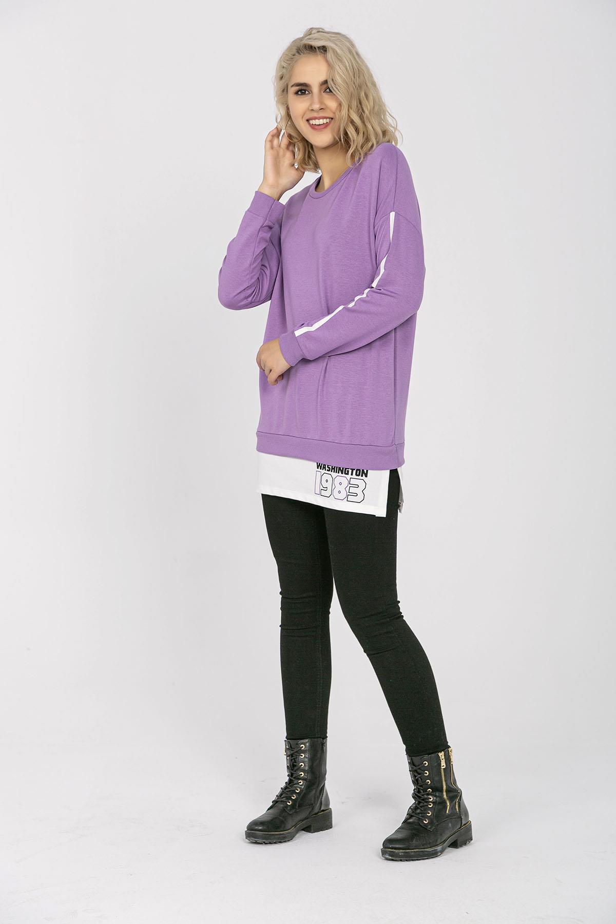 Kadın Çift Görünümlü Kolu Şeritli Bisiklet Yaka Uzun Sweatshirt