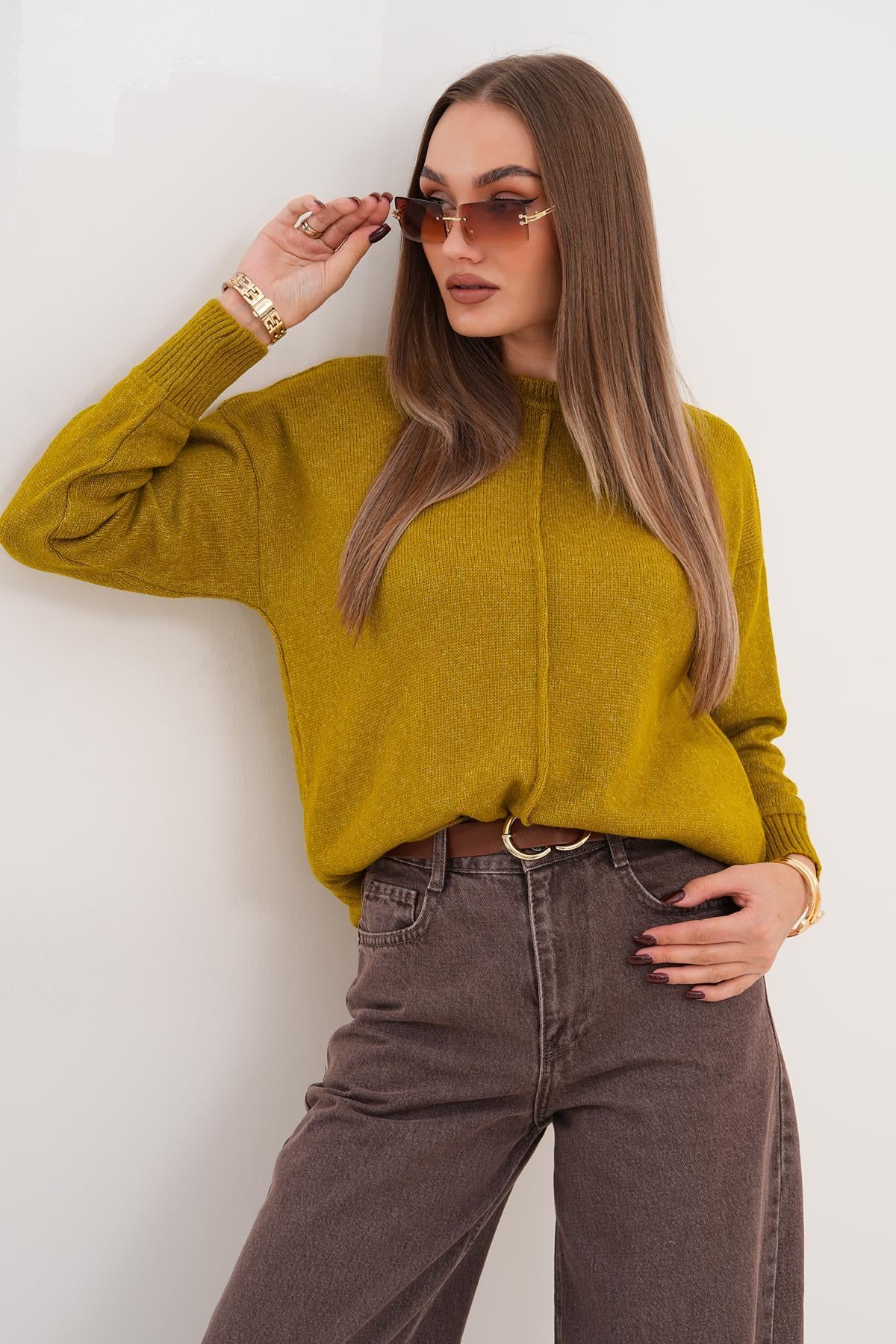 Kadın Çimalı Şardonlu Triko Örme Kazak 255165 -