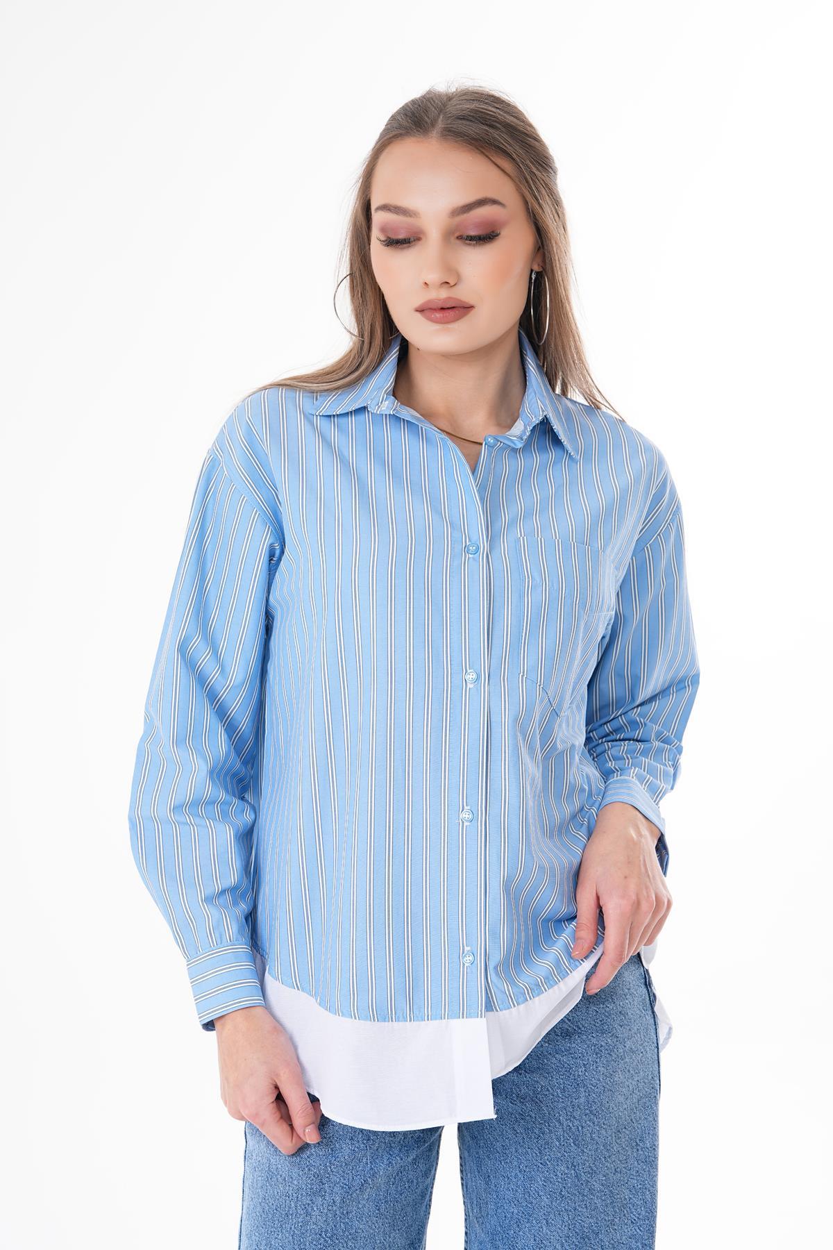 Kadın Çizgi Desenli Çift Görünüm Tek Cep Detaylı Gömlek 250223 -