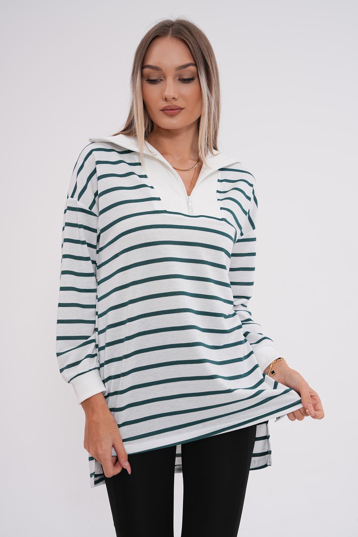 Kadın Çizgi Desenli Fermuar Detaylı İki İplik Sweatshirt 245272 -