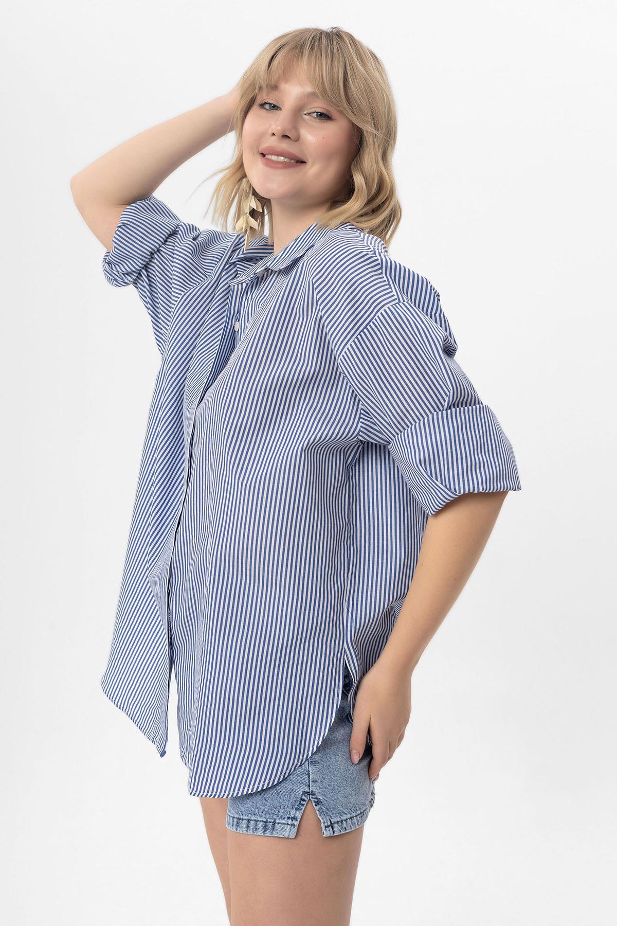 Kadın Çizgi Desenli Oversize Gömlek