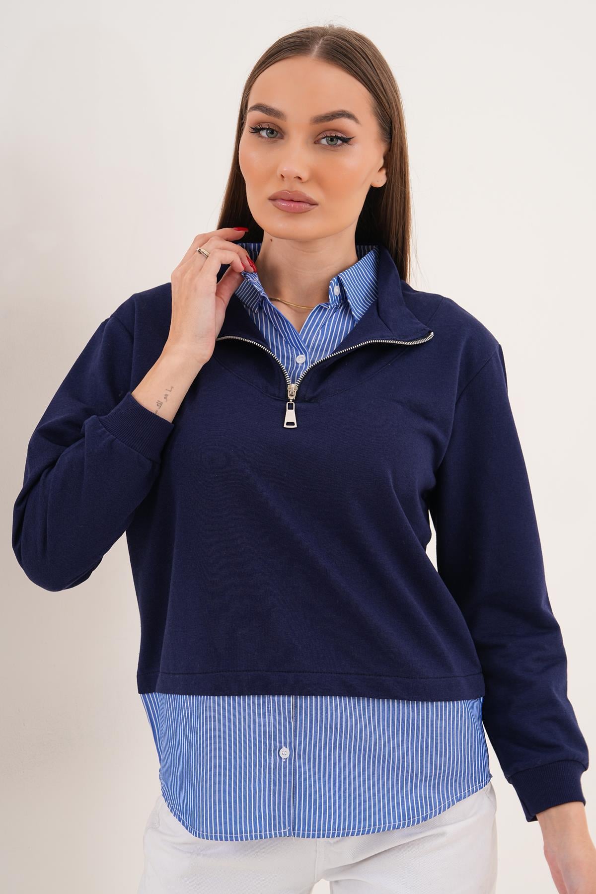 Kadın Çizgili Gömlek Yakalı Fermuar Detaylı Sweatshirt 255452 -