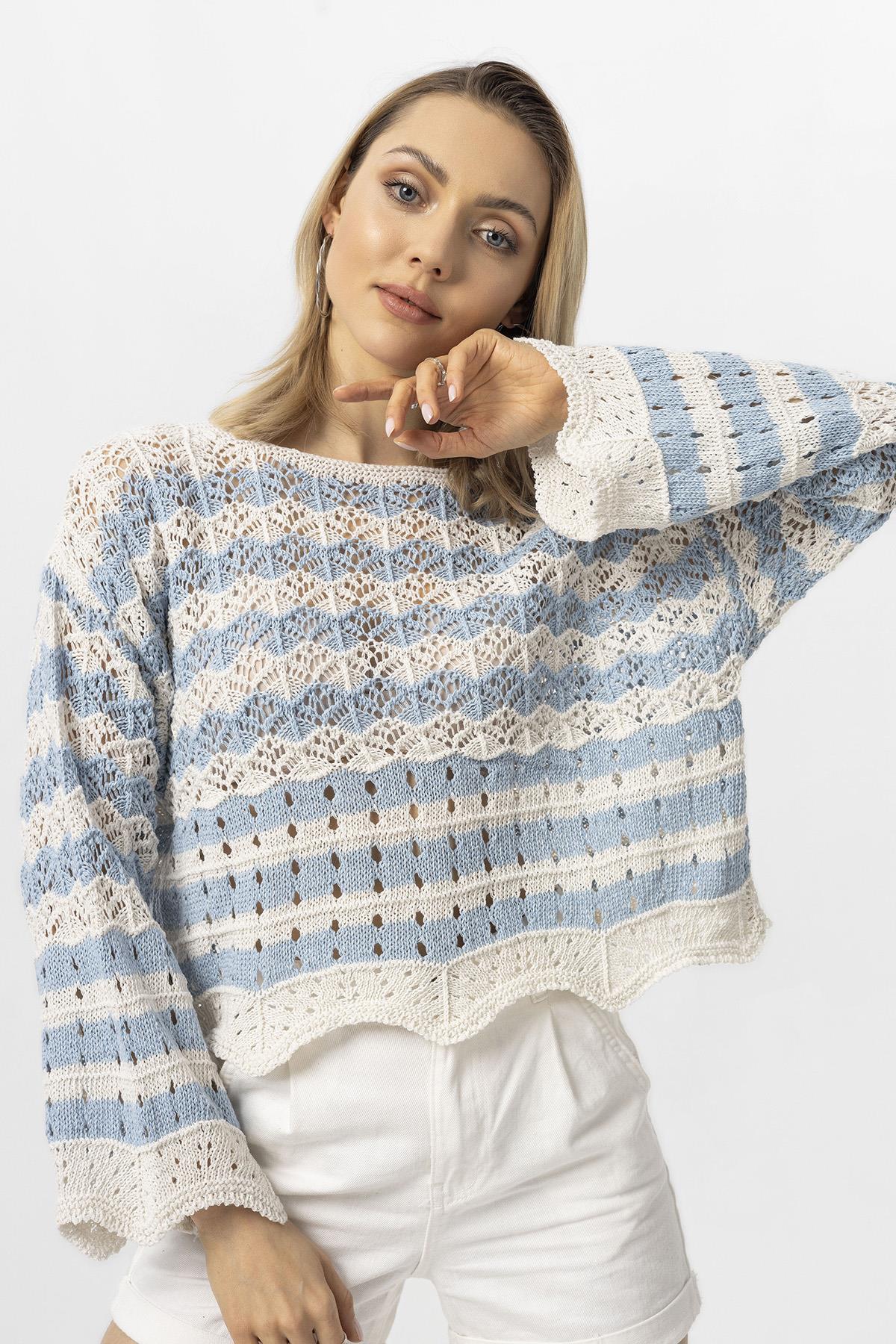 Kadın Çizgili Salaş Triko Örme Kazak