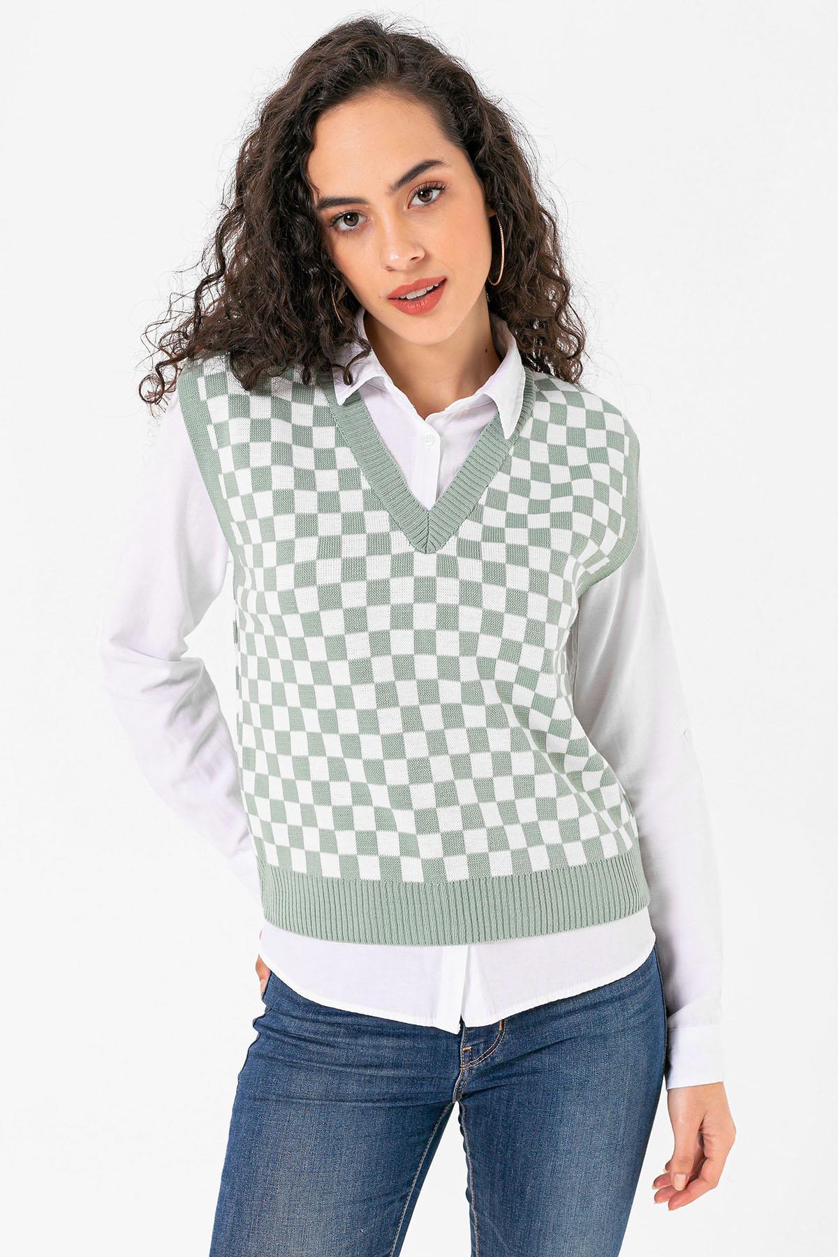 Kadın Damalı Triko Süveter