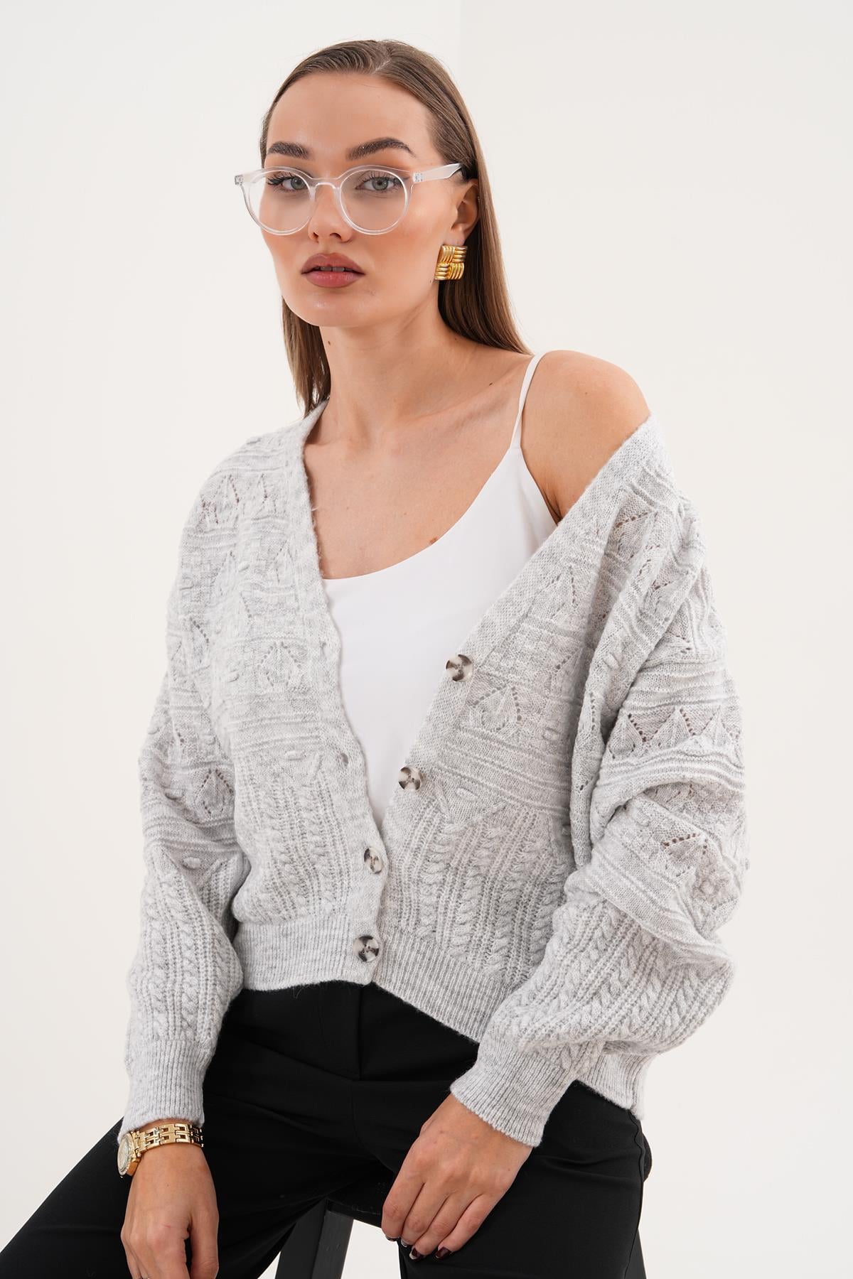 Kadın Dört Düğmeli Desenli Triko Örme Hırka 255373 -