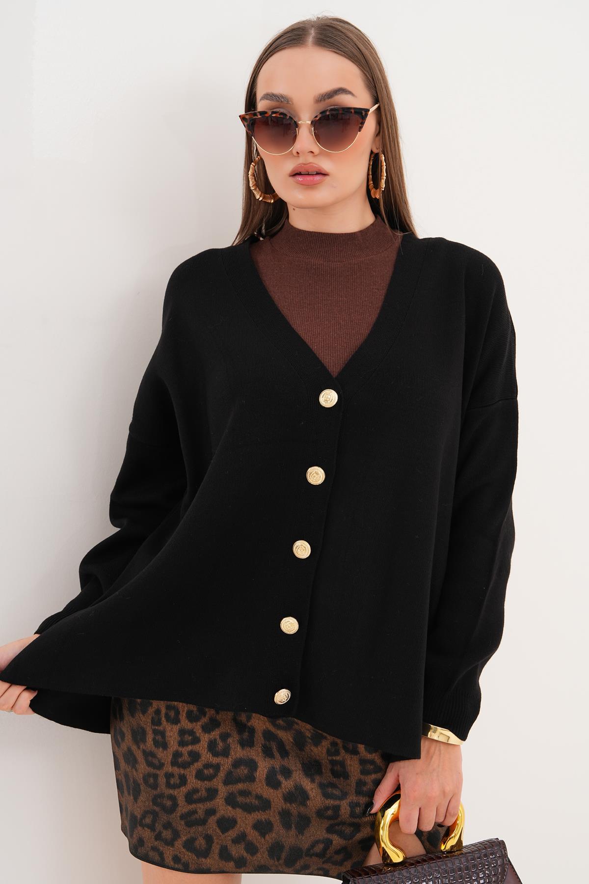 Kadın Düğme Kapamalı Triko Örme Salaş Hırka 255314 -