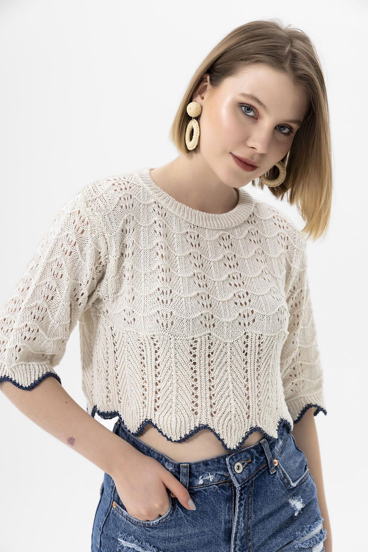 Kadın Eteği Zigzag Örme Detaylı Kısa Kazak