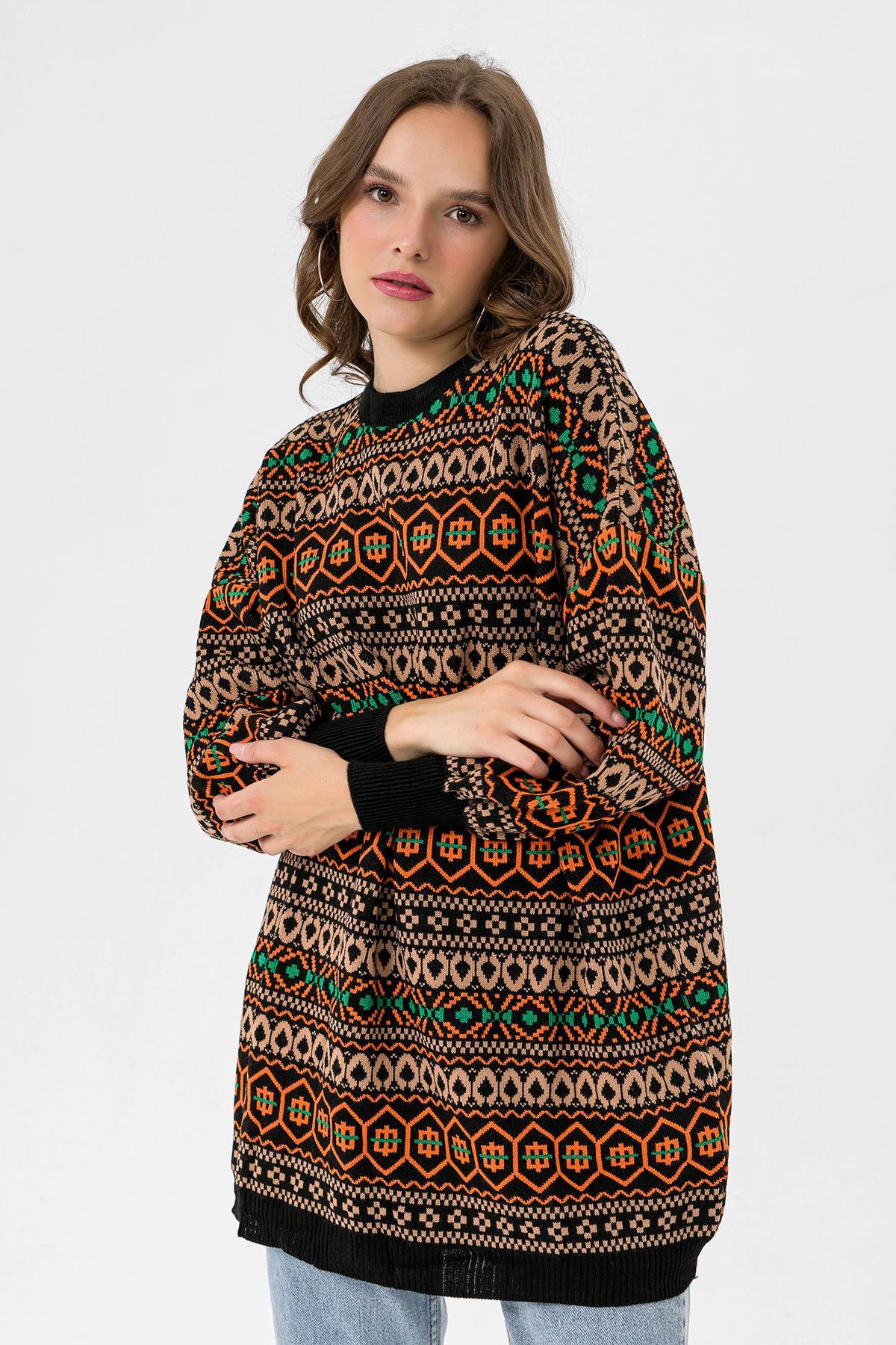 Kadın Etnik Desen Triko Örme Oversize Tunik