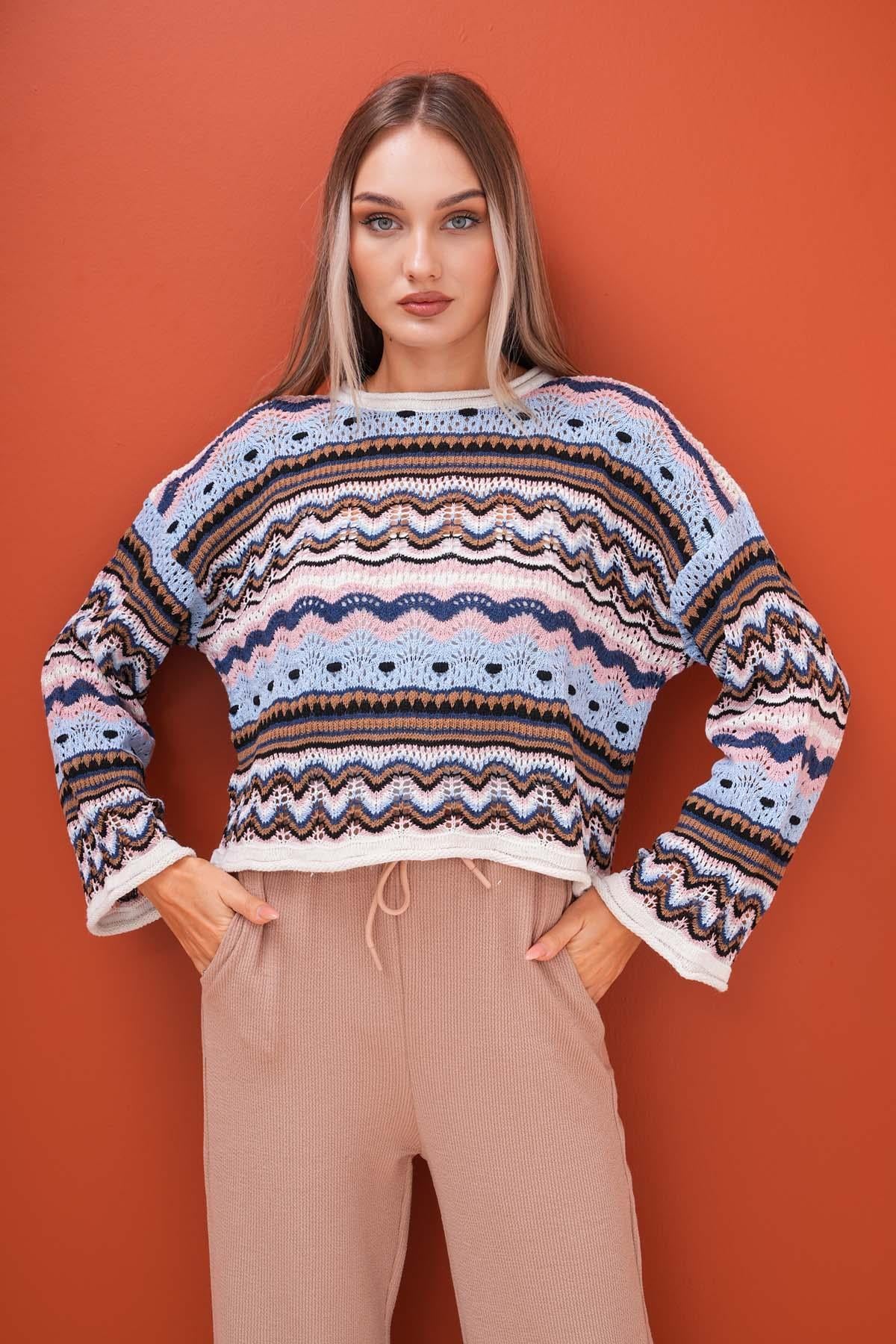 Kadın Etnik Desenli Triko Örme Kazak 245294 -