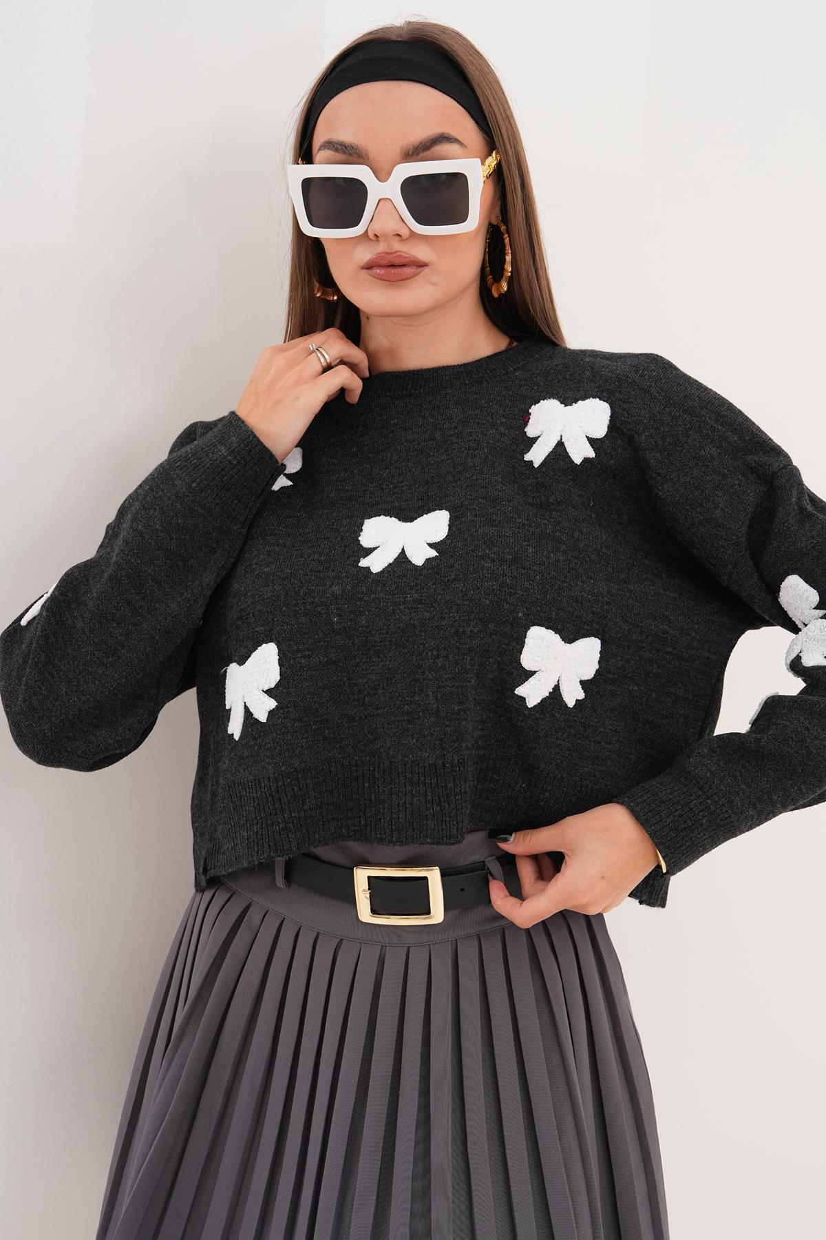 Kadın Fiyonk Desenli Triko Örme Oversize Kazak 255191 -