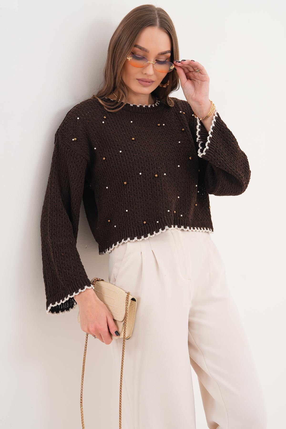 Kadın İnci İşlemeli Triko Örme Kazak 260437 -