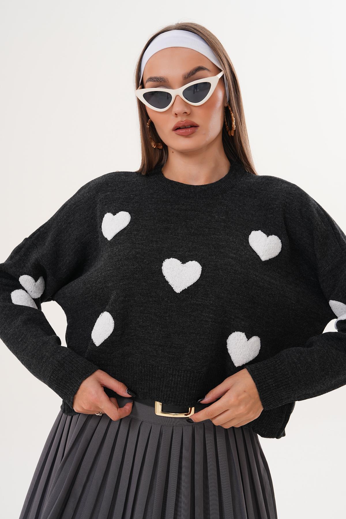 Kadın Kalp Desenli Triko Örme Oversize Kazak 255190 -