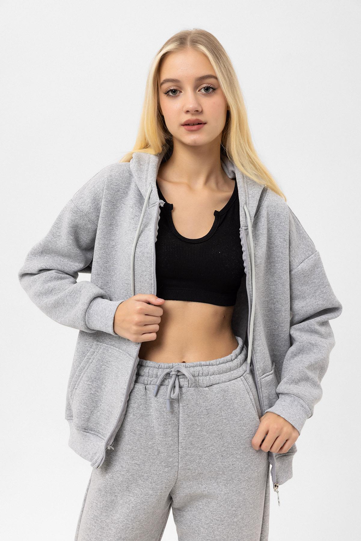 Kadın Kapüşonlu Fermuar Kapamalı Üç İplik Sweatshirt