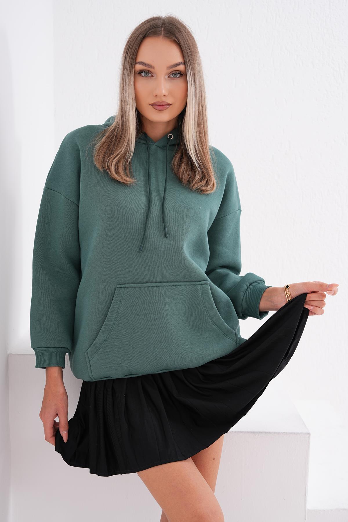 Kadın Kapüşonlu Kanguru Cepli Üç İplik Sweatshirt 245089 -