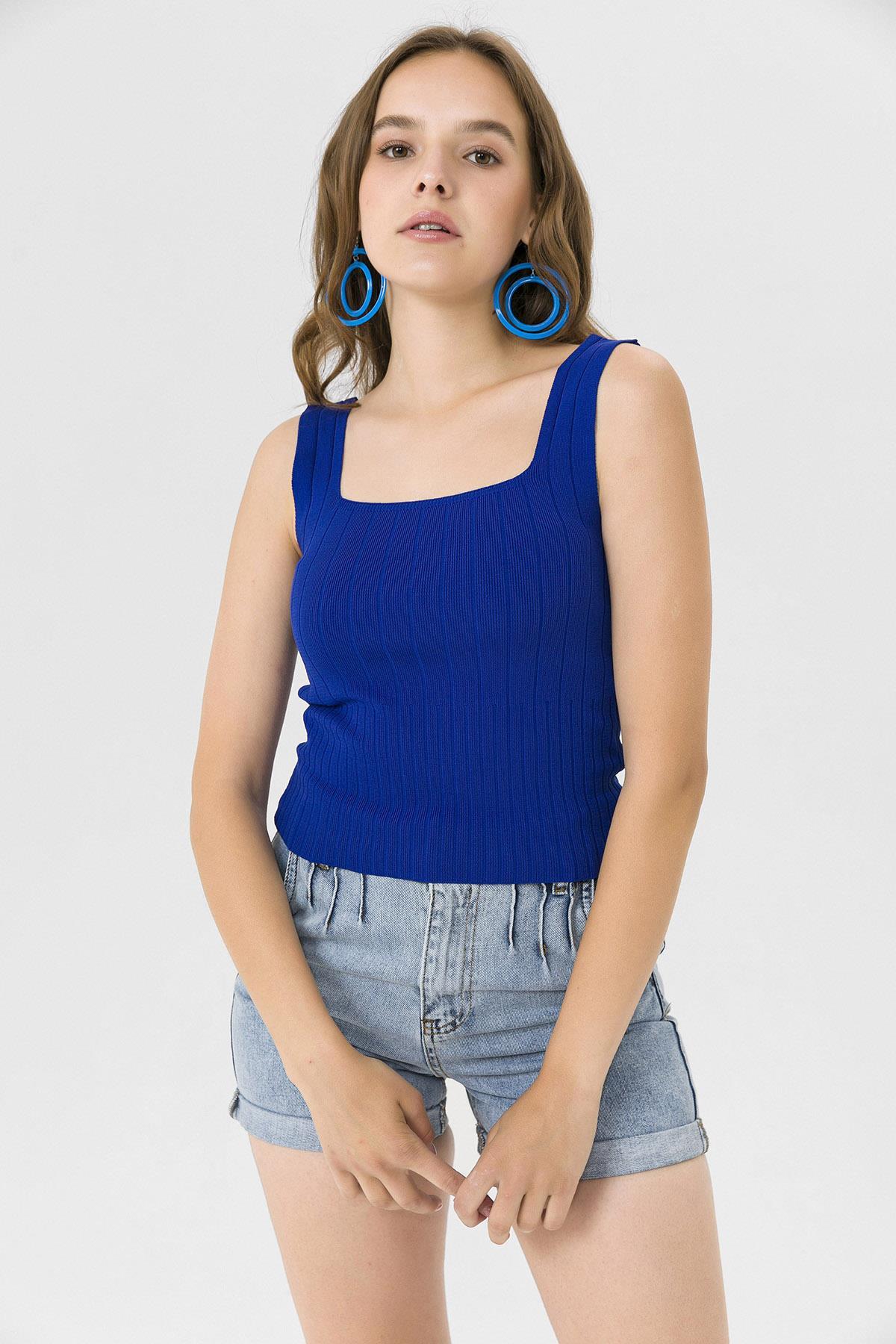 Kadın Kaşkorse İnce Örme Triko Crop Bluz