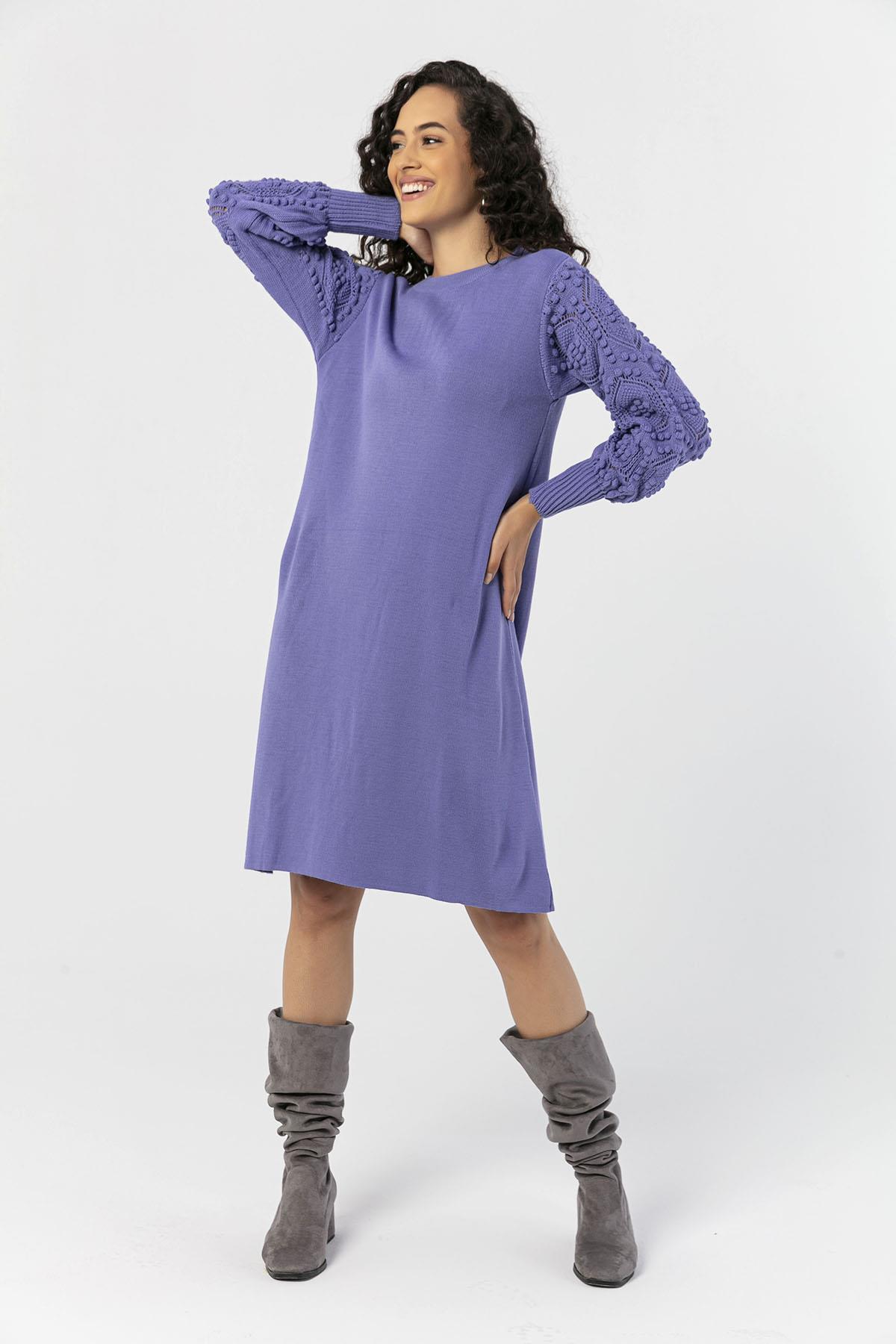 Kadın Kolları Desenli Triko Örme Elbise