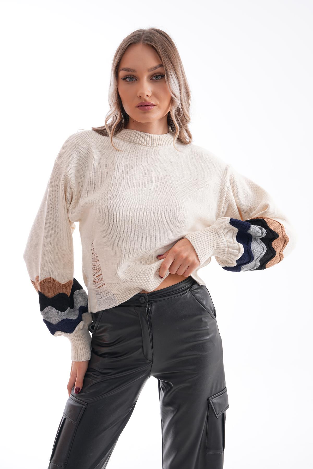 Kadın Kolları Desenli Triko Örme Kazak 245145 -