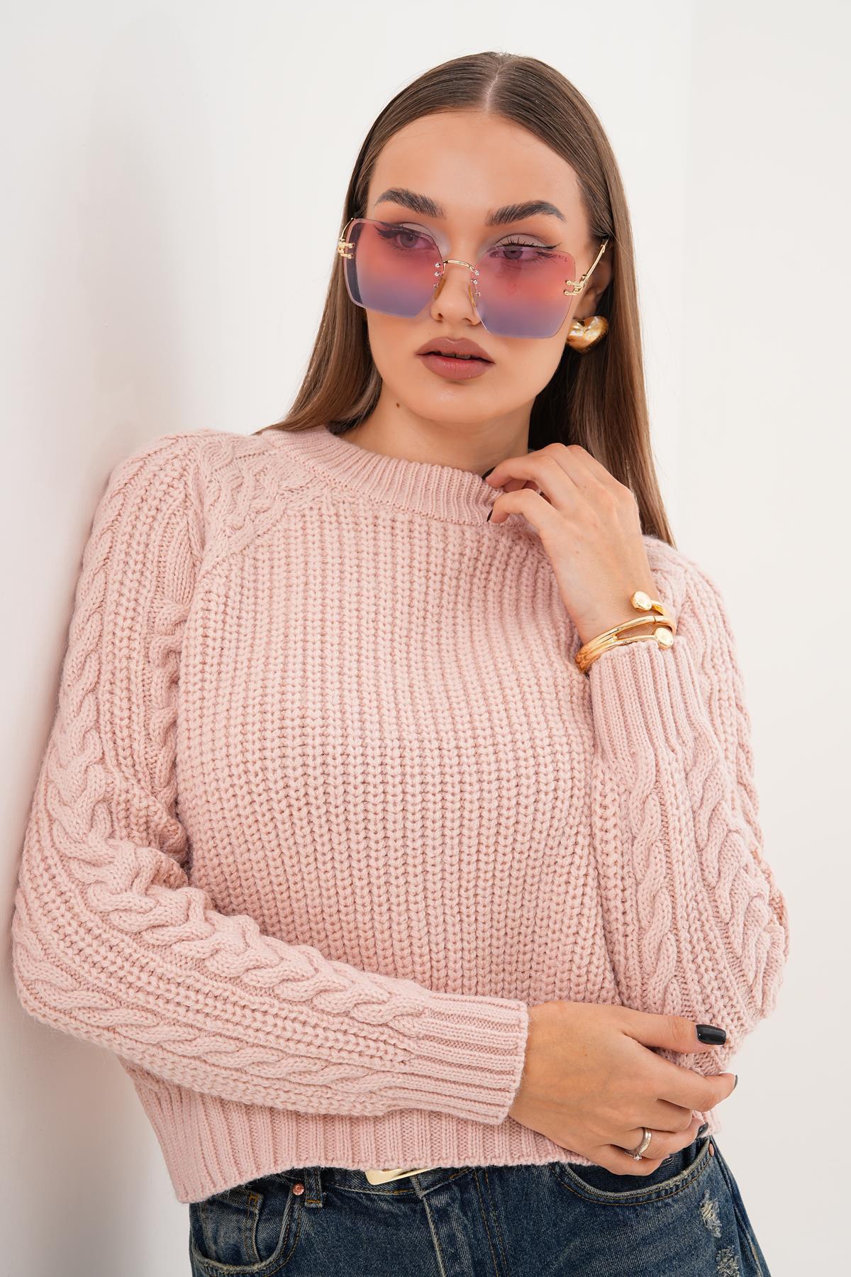 Kadın Kolları Örgü Desenli Triko Örme Kazak 255084 -