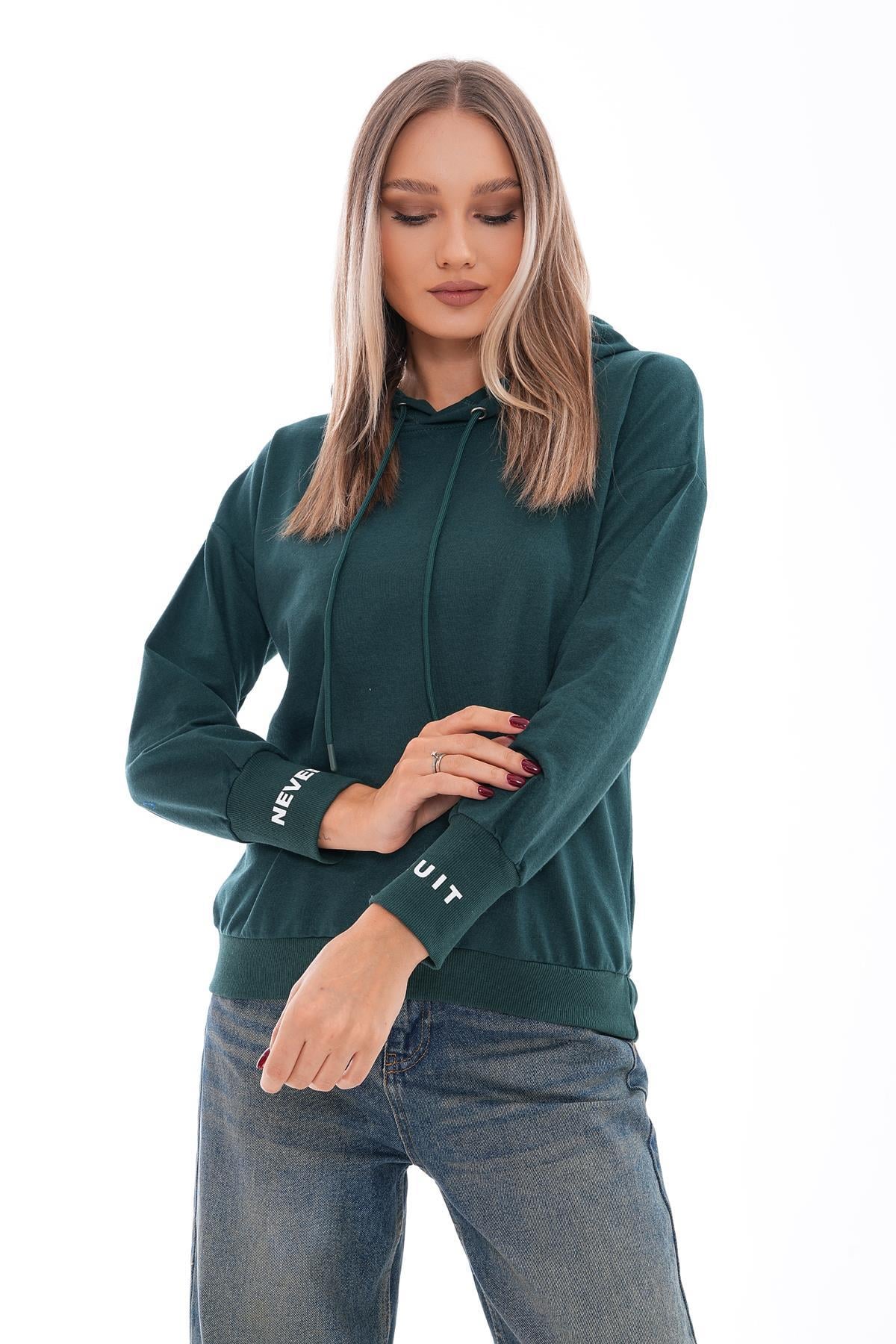 Kadın Kolu Sırtı Baskı Detaylı Kapüşonlu Sweatshirt 245293 -