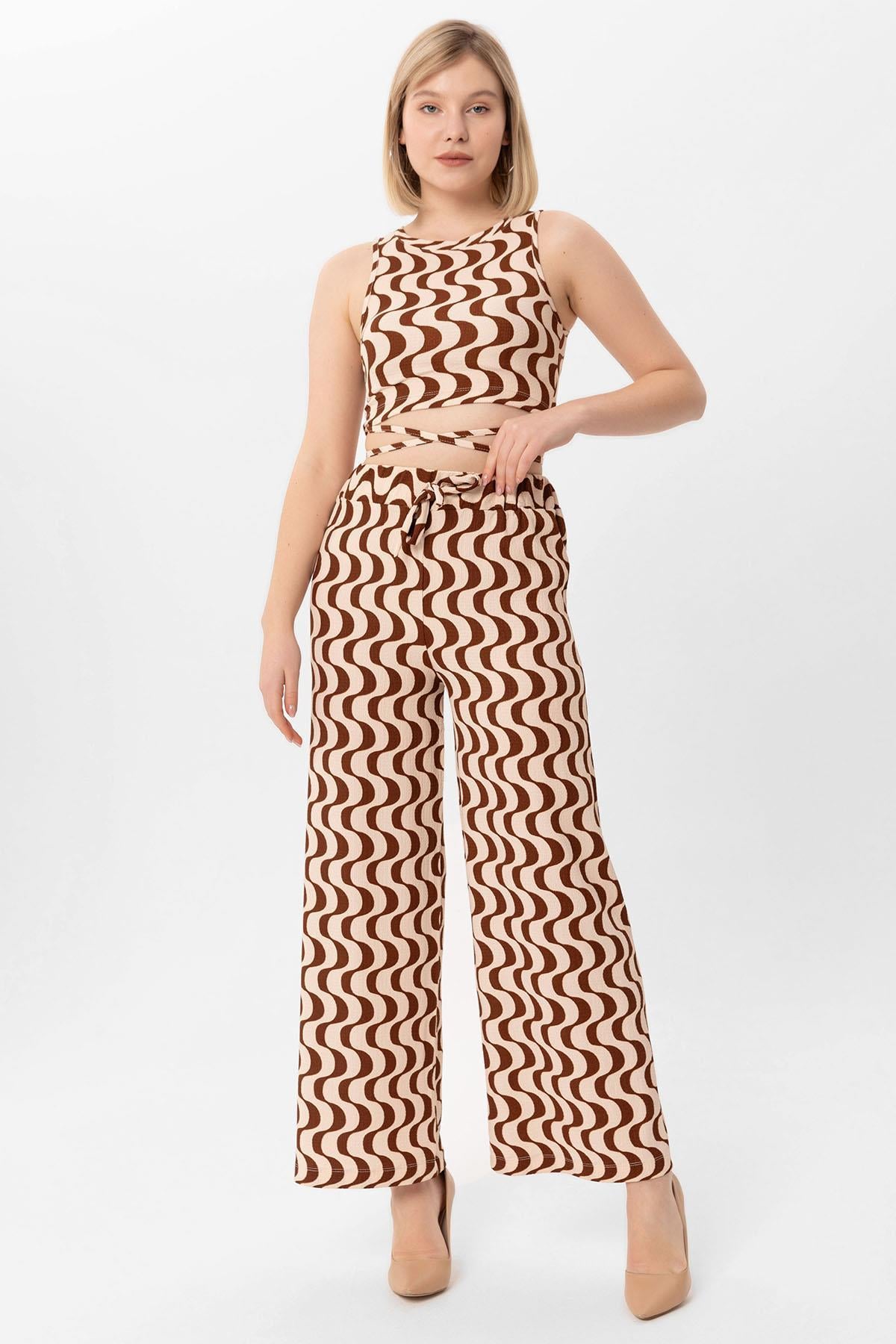 Kadın Kurdele Desen Crop Pantolon İkili Takım