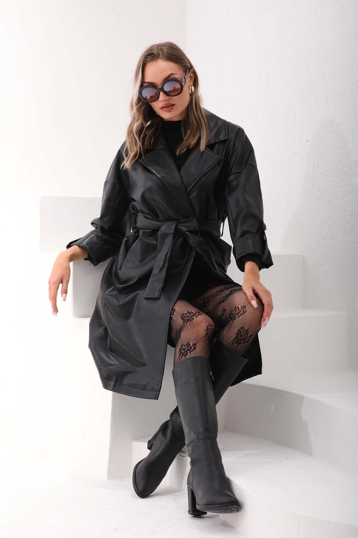 Kadın Kuşaklı Deri Trenckot 245082 -
