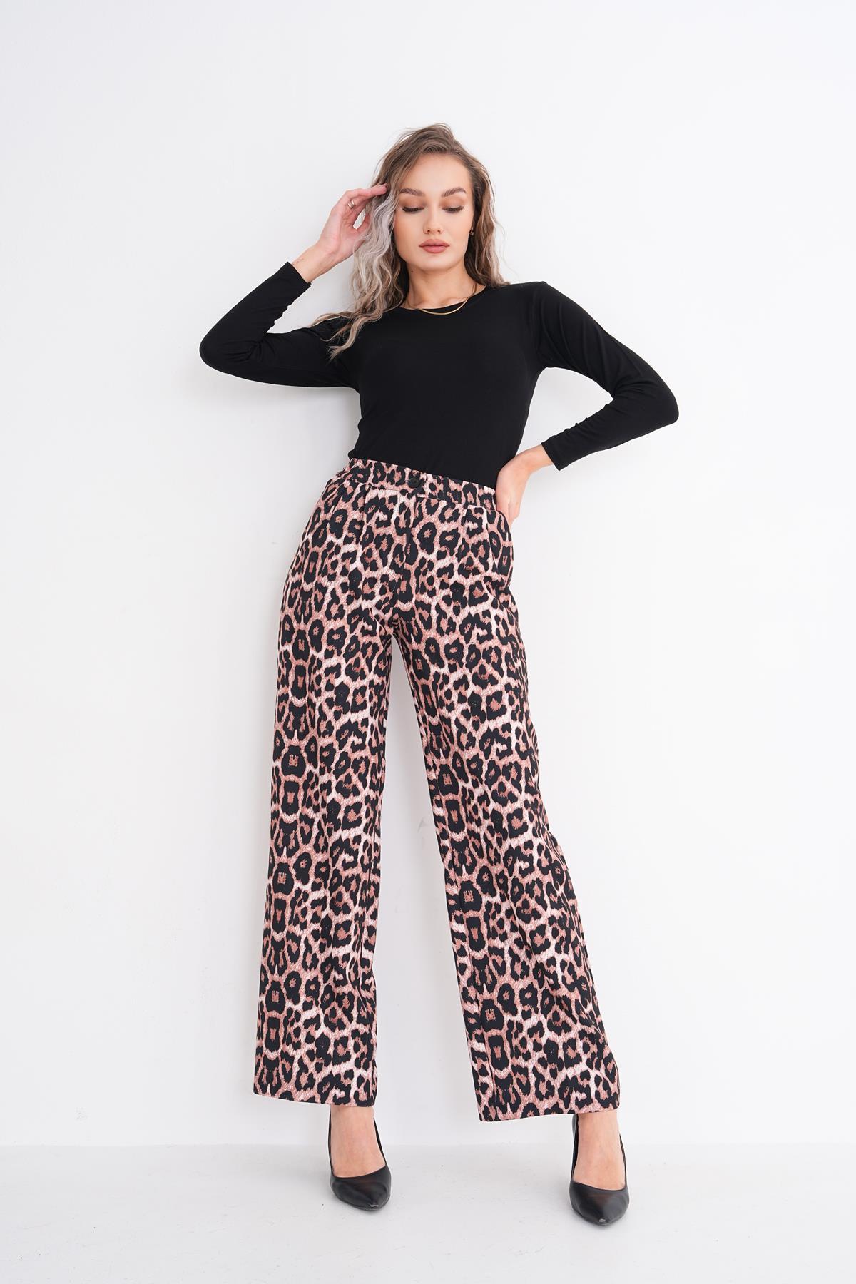 Kadın Leopar Desenli Beli Lastikli Bol Paça Pantolon 245373 -