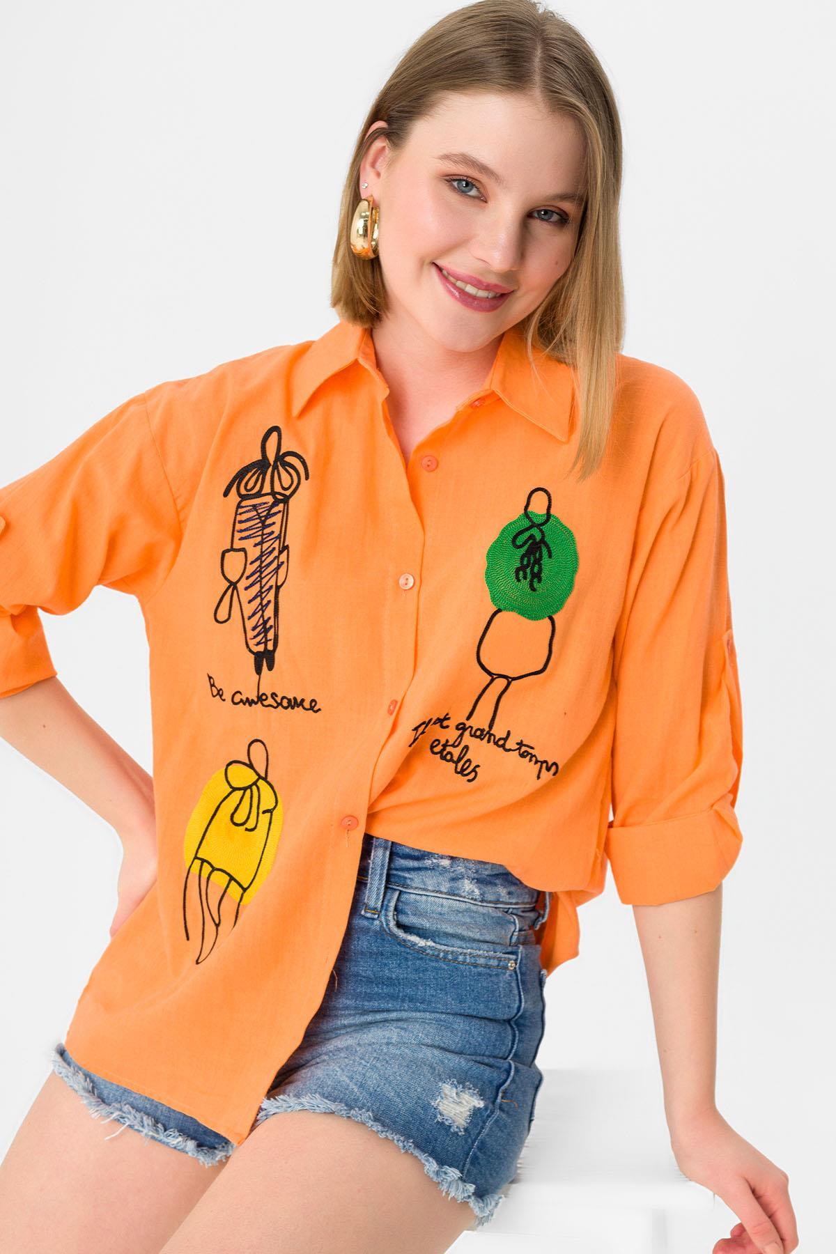 Kadın Nakış Detaylı Oversize Gömlek