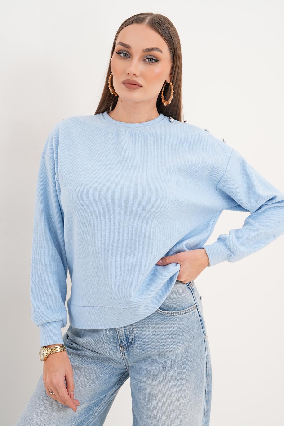 Kadın Omzu Düğme Detaylı Selanik Örme Sweatshirt 255226 -