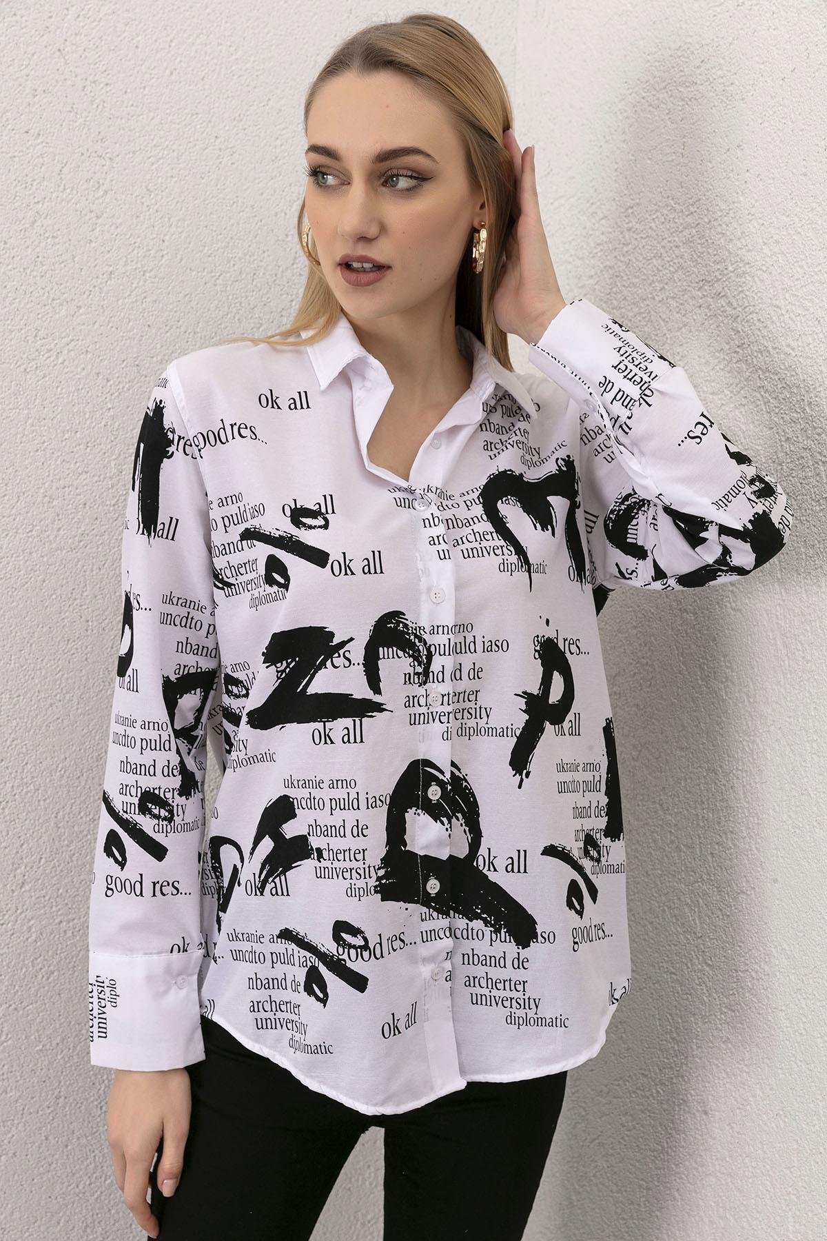 Kadın Ön Arka Baskı Detaylı Oversize Gömlek