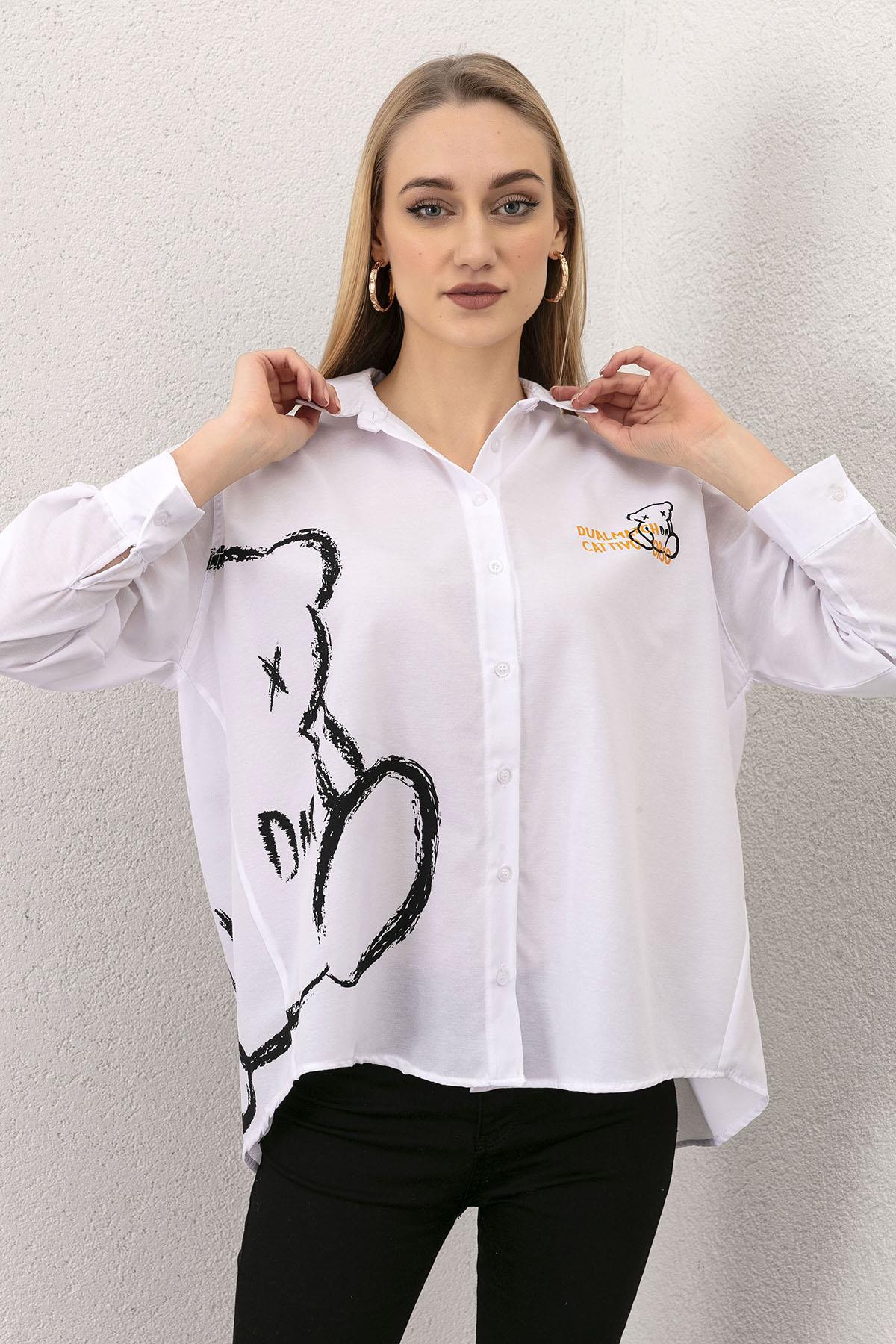 Kadın Ön Arka Baskı Detaylı Oversize Gömlek