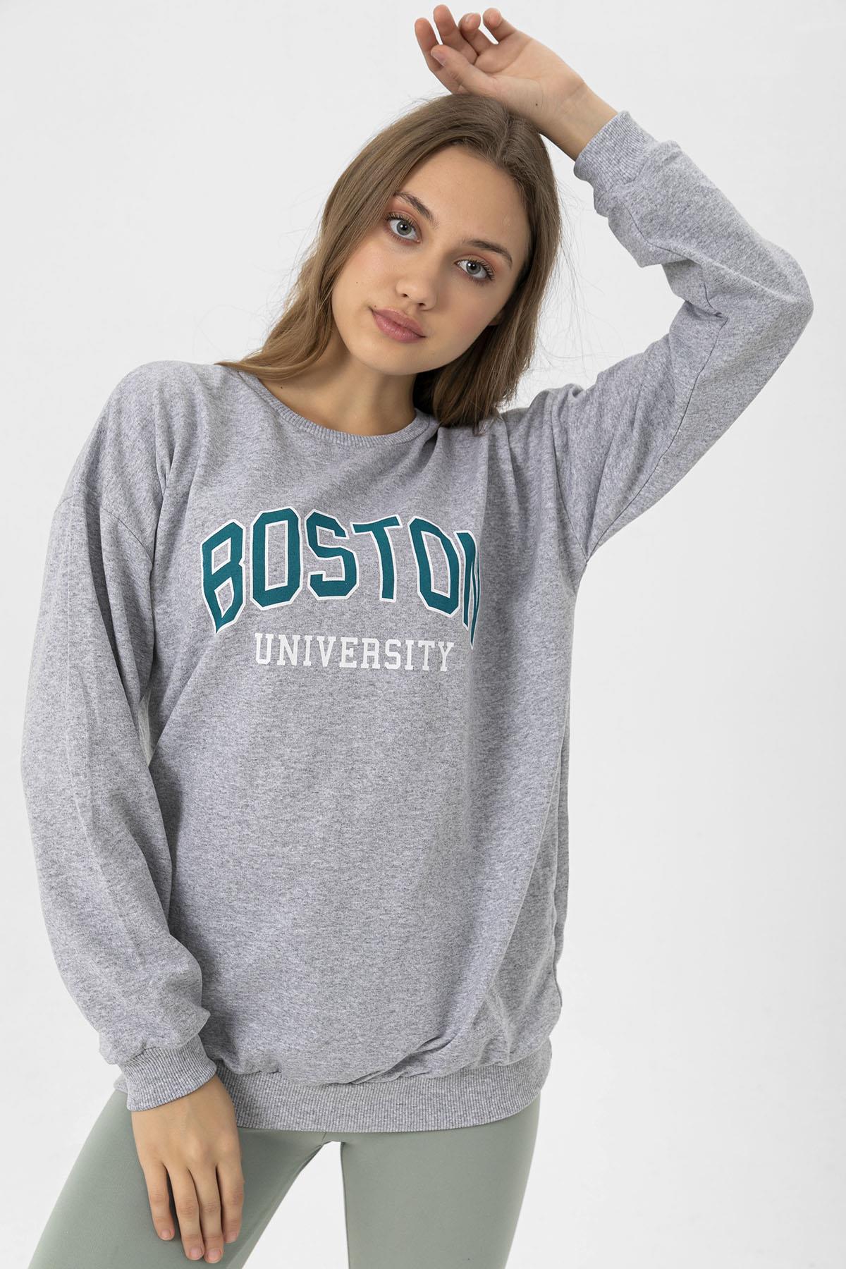 Kadın Ön Baskı Detaylı Bisiklet Yaka Oversize Sweatshirt