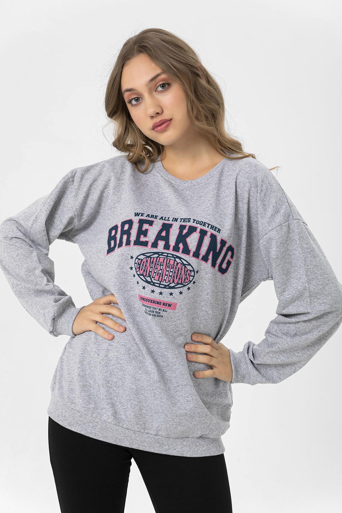 Kadın Ön Baskı Detaylı Bisiklet Yaka Oversize Sweatshirt