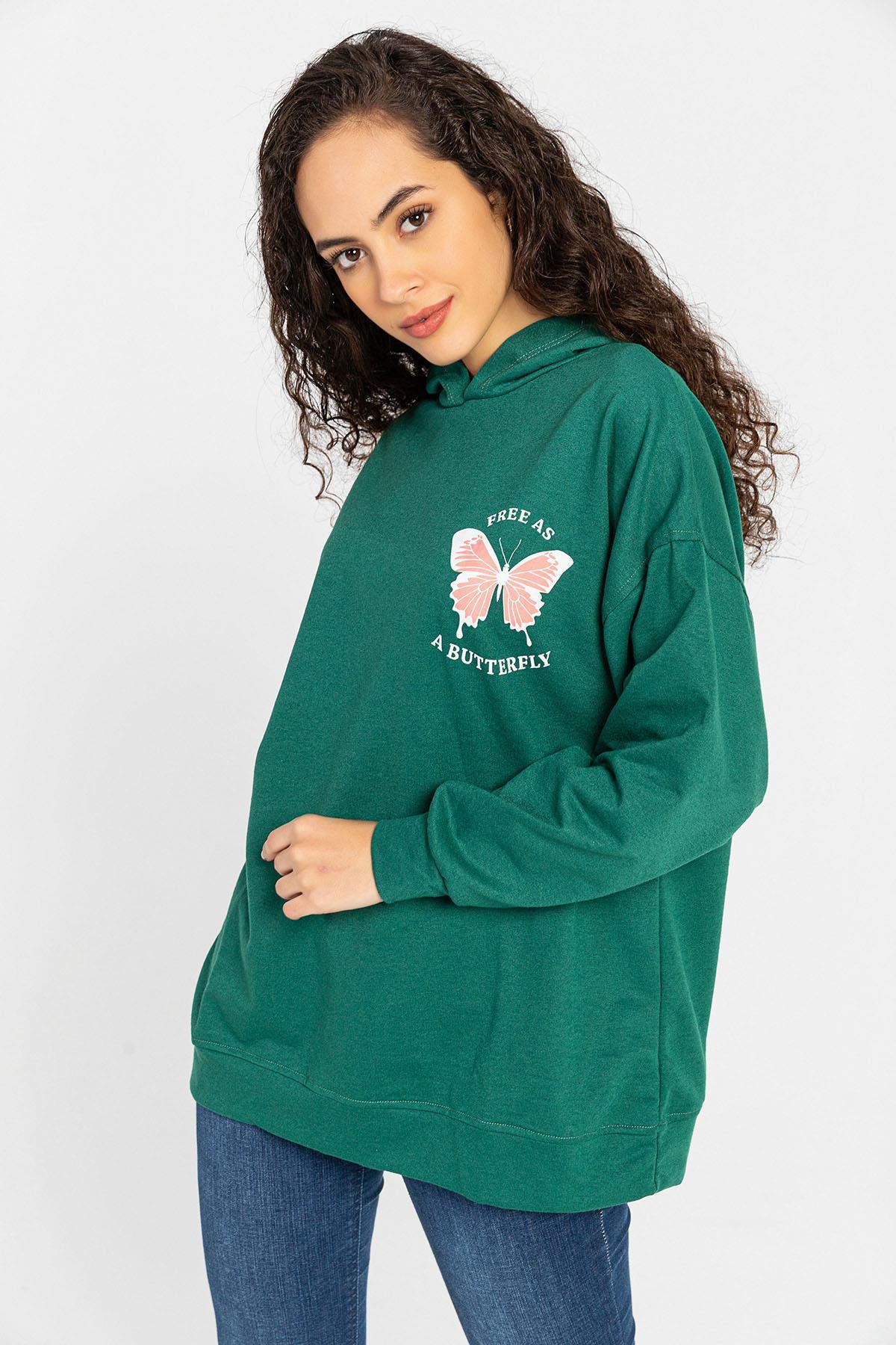 Kadın Ön Sırt Baskılı Kapüşonlu Oversize Sweatshirt