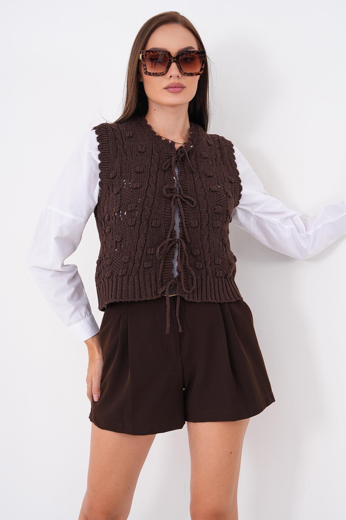 Kadın Önden Bağlama Detaylı Triko Örme Yelek 260495 - 265215