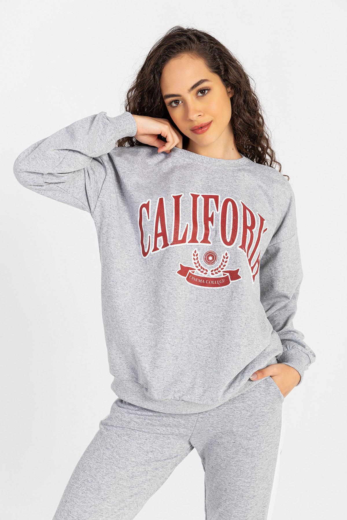 Kadın Önü Baskı Detaylı Bisiklet Yaka Sweatshirt