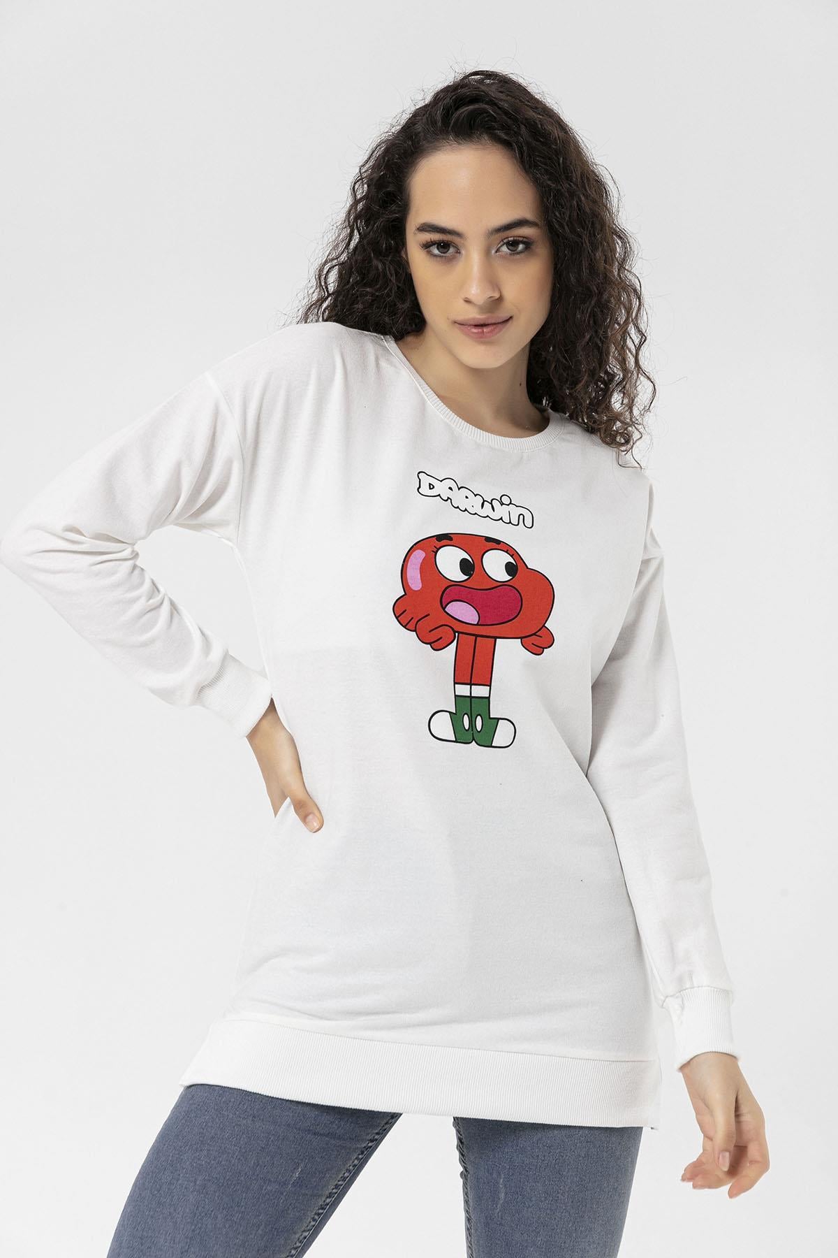 Kadın Önü Baskı Yanı Yırtmaç Detaylı Bisiklet Yaka Sweatshirt