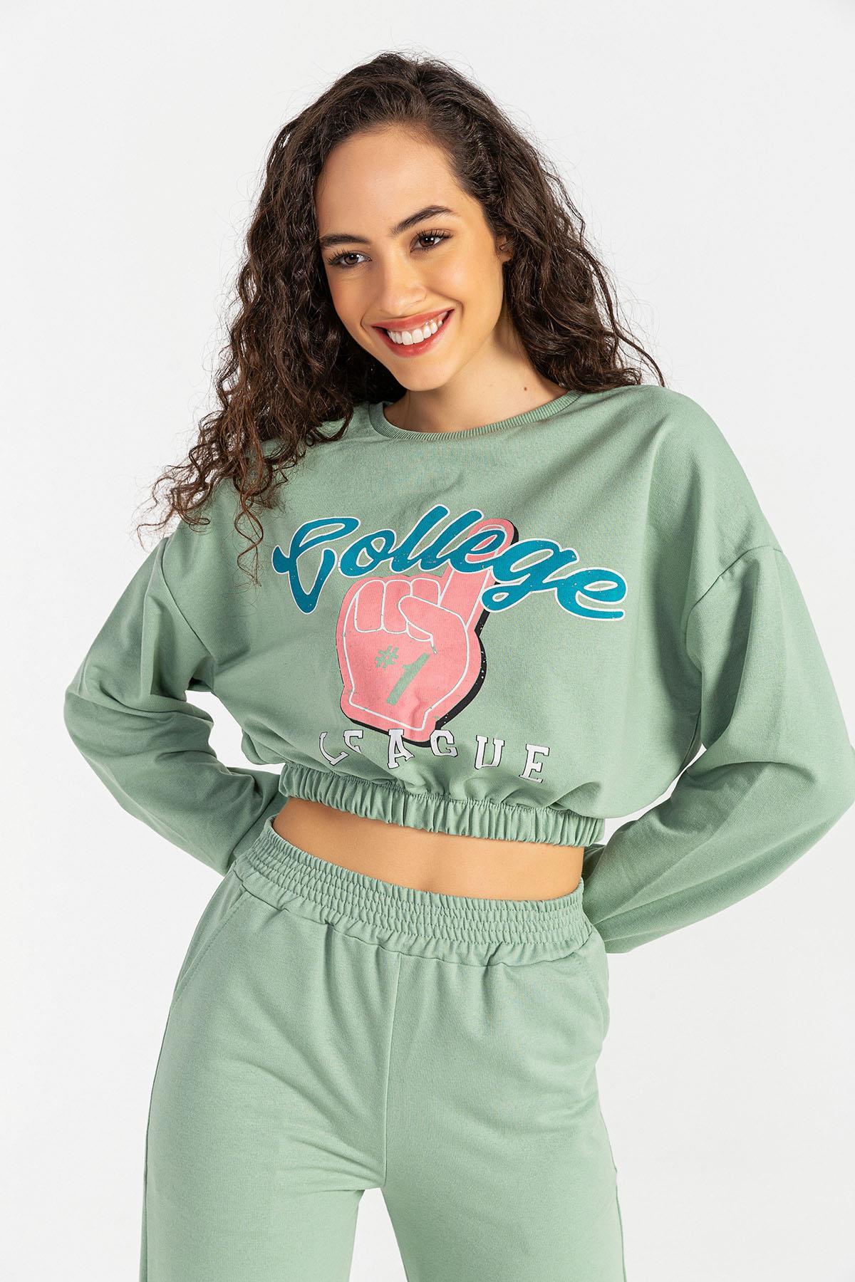 Kadın Önü Baskılı Beli Lastikli Kısa Sweatshirt